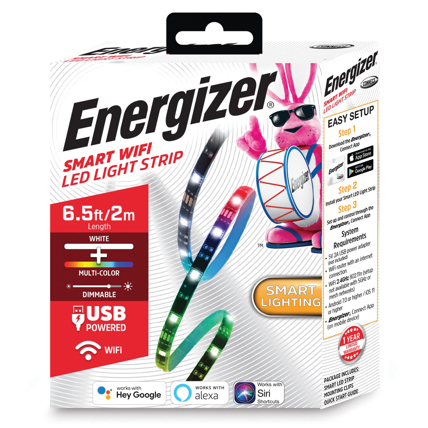 Energizer Connect Smart Wi-Fi Dimmable Bright White and Multicolor LED Light Strip, 6.56 Feet