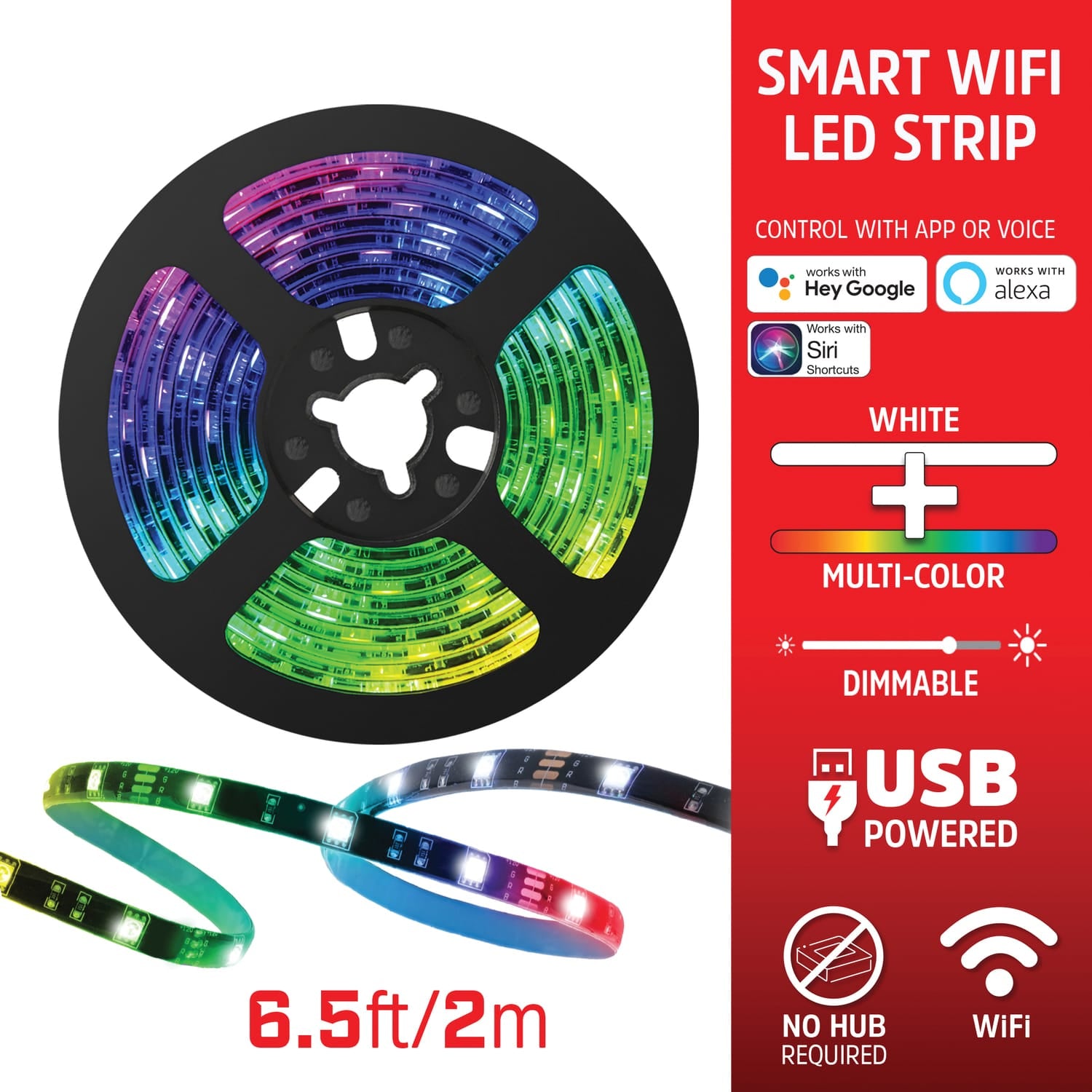 Energizer Connect Smart Wi-Fi Dimmable Bright White and Multicolor LED Light Strip, 6.56 Feet