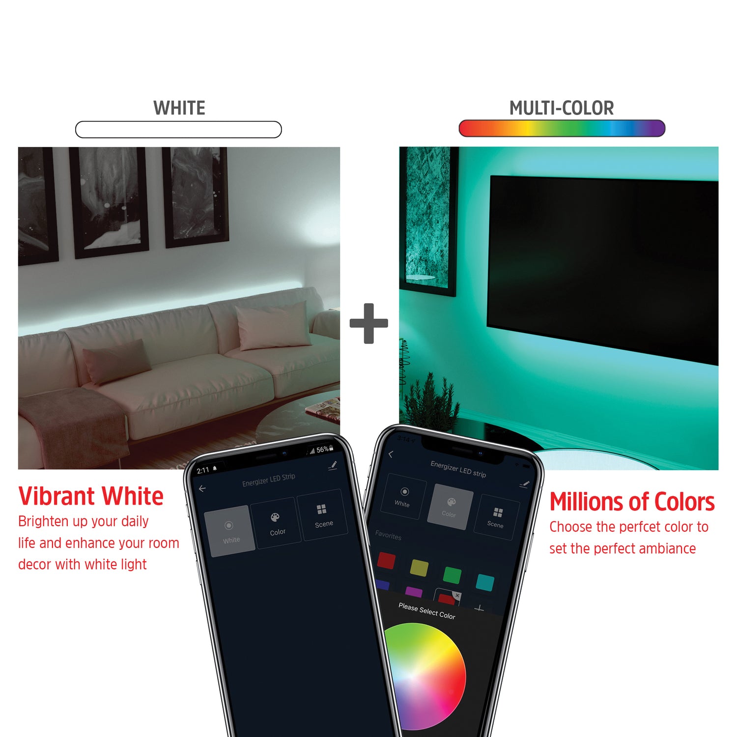 Energizer Connect Smart Wi-Fi Dimmable Bright White and Multicolor LED Light Strip, 6.56 Feet