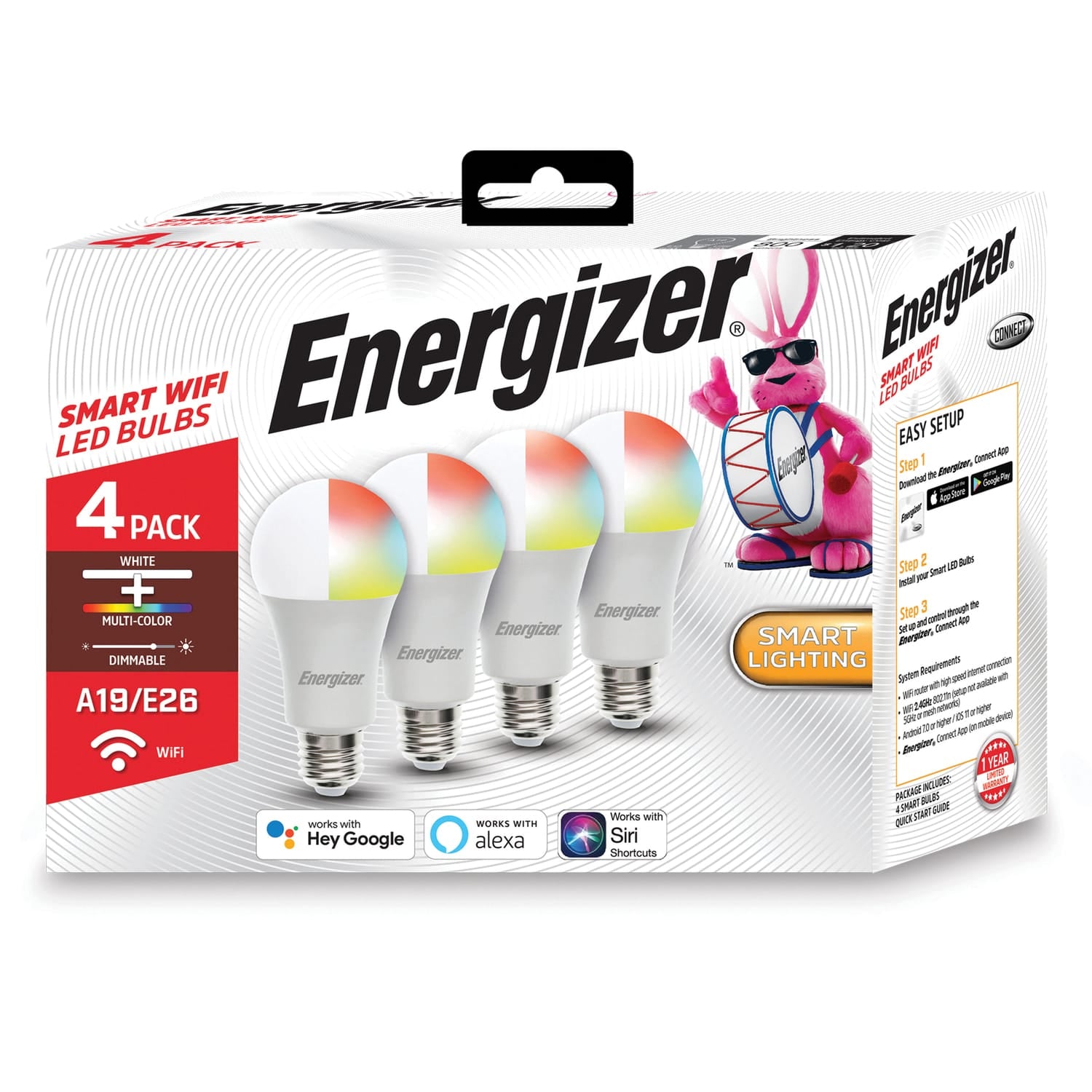 Energizer Connect LED 11.5W White and Multicolor Smart Bulb, A19 Bulb Shape, E26 Medium Base, Dimmable, 4 Pack
