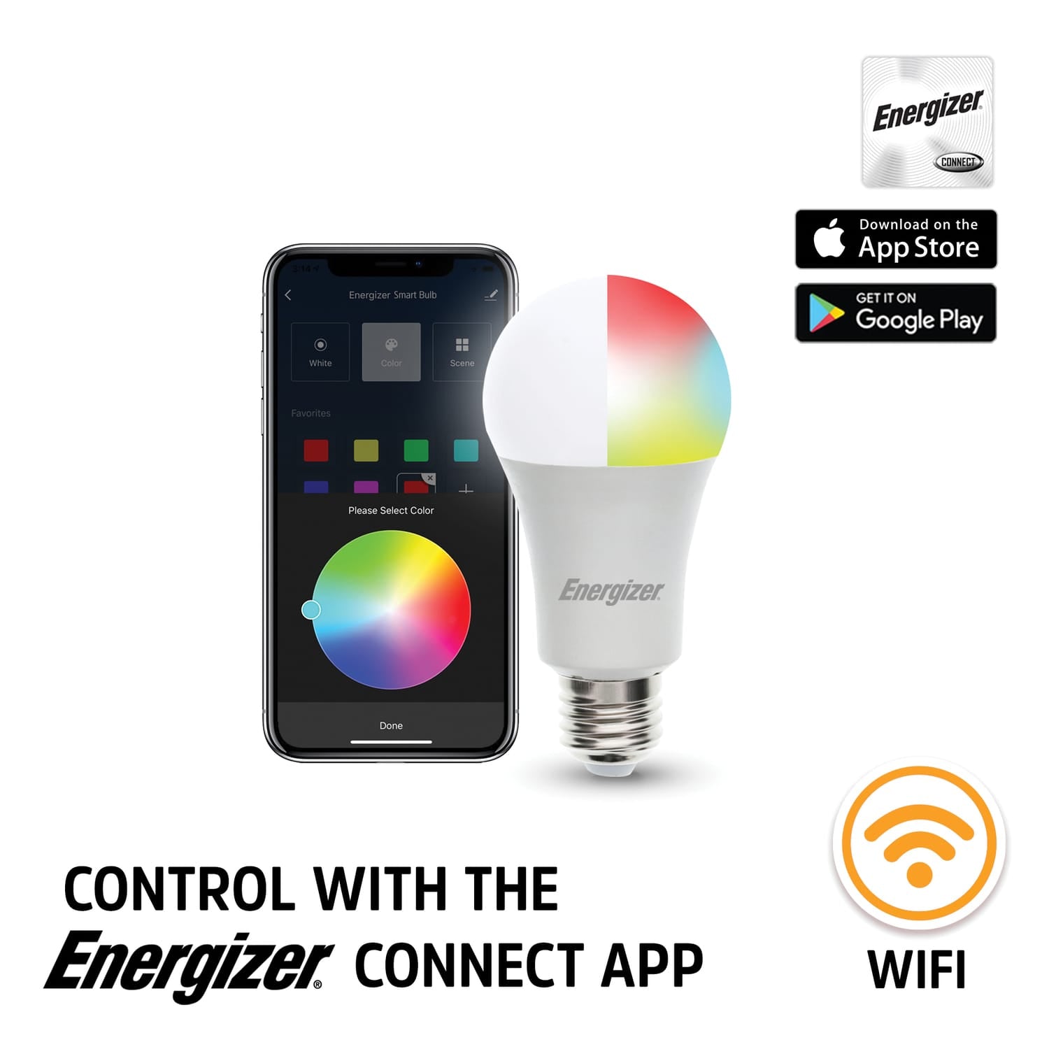 Energizer Connect LED 11.5W White and Multicolor Smart Bulb, A19 Bulb Shape, E26 Medium Base, Dimmable, 4 Pack
