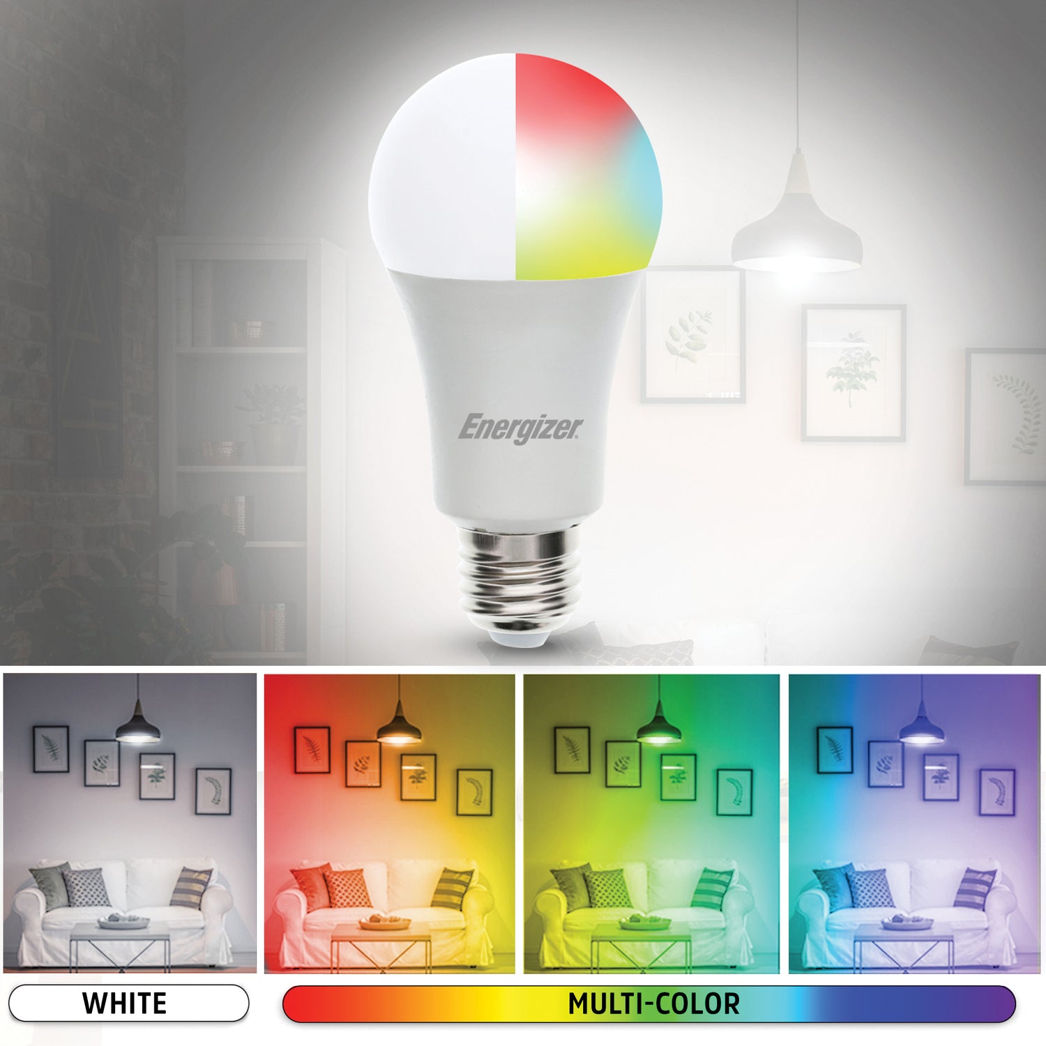 Energizer Connect LED 11.5W White and Multicolor Smart Bulb, A19 Bulb Shape, E26 Medium Base, Dimmable, 4 Pack