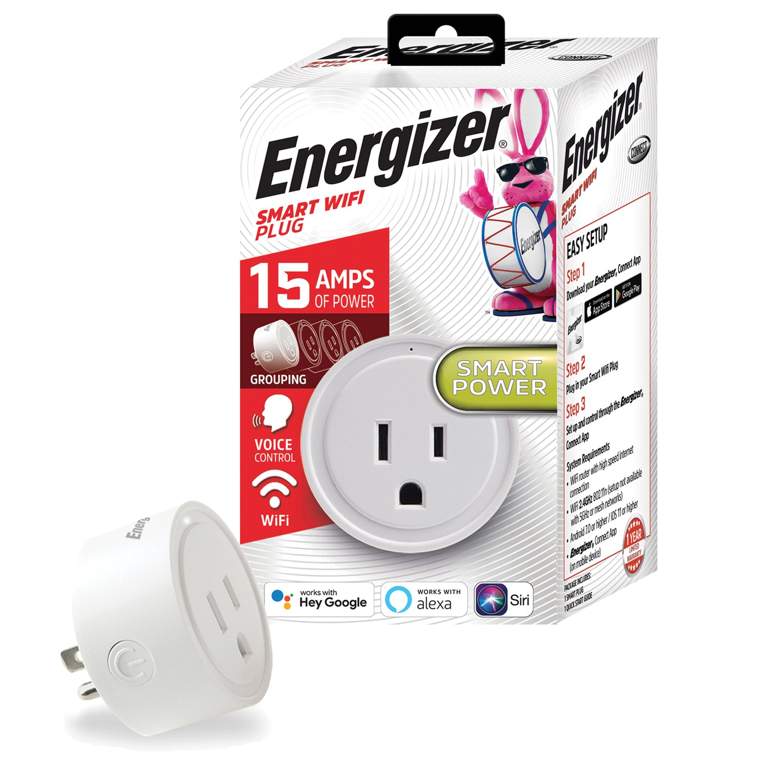 Energizer Connect 1-Outlet Smart Wi-Fi Grounded Wall Plug, EIX3-1003-WHT