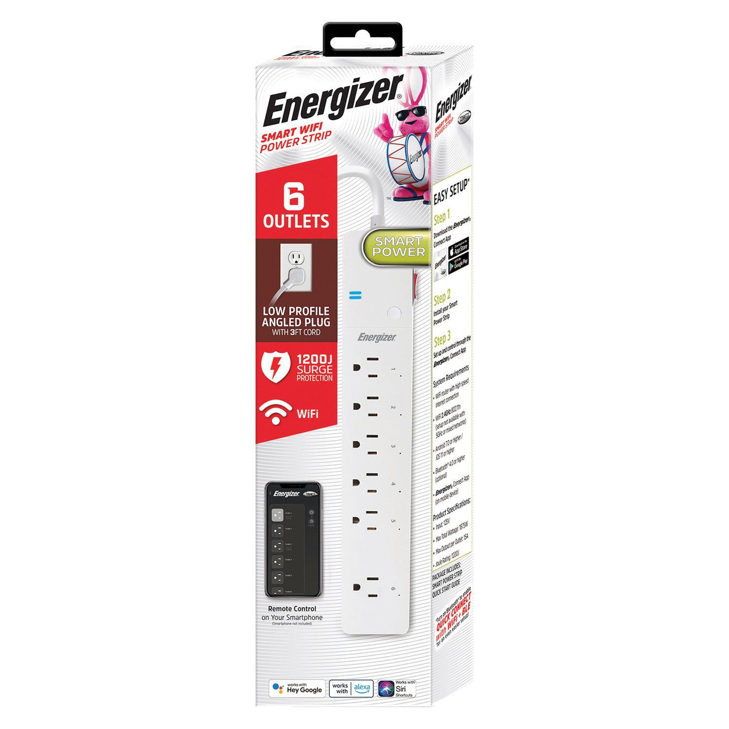 Energizer Connect 6-AC Outlet 1200-Joules Smart Wi-Fi Surge Protector Power Strip, 3-Ft. Cord with Angled Plug, EIS3-1004-WHT