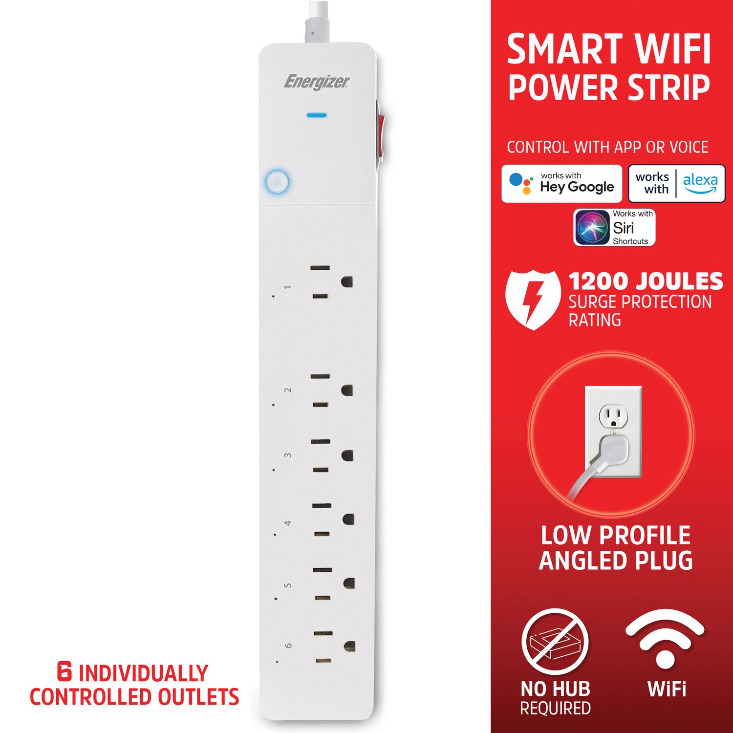 Energizer Connect 6-AC Outlet 1200-Joules Smart Wi-Fi Surge Protector Power Strip, 3-Ft. Cord with Angled Plug, EIS3-1004-WHT