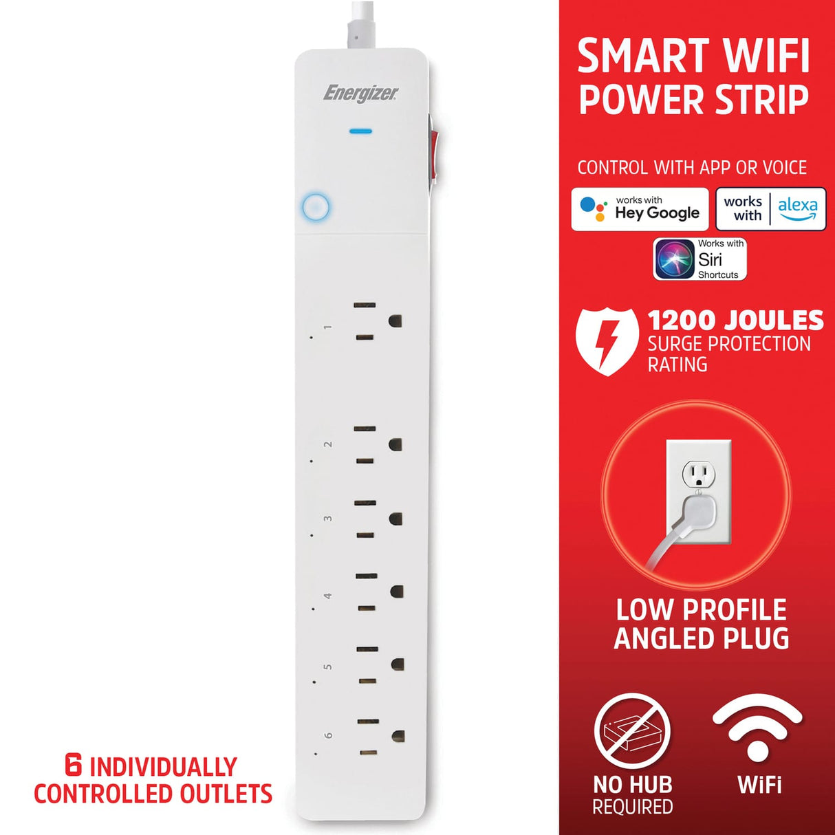 Energizer Connect 6-AC Outlet 1200-Joules Smart Wi-Fi Surge Protector Power Strip, 3-Ft. Cord with Angled Plug, EIS3-1004-WHT