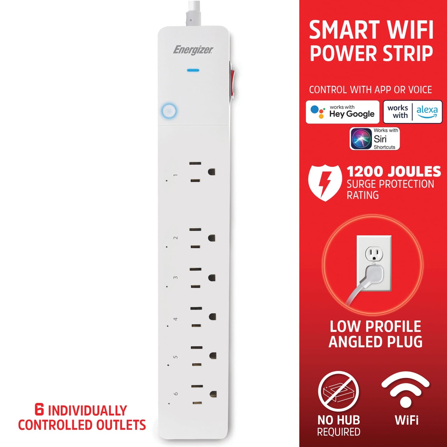 Energizer Connect 6-AC Outlet 1200-Joules Smart Wi-Fi Surge Protector Power Strip, 3-Ft. Cord with Angled Plug, EIS3-1004-WHT