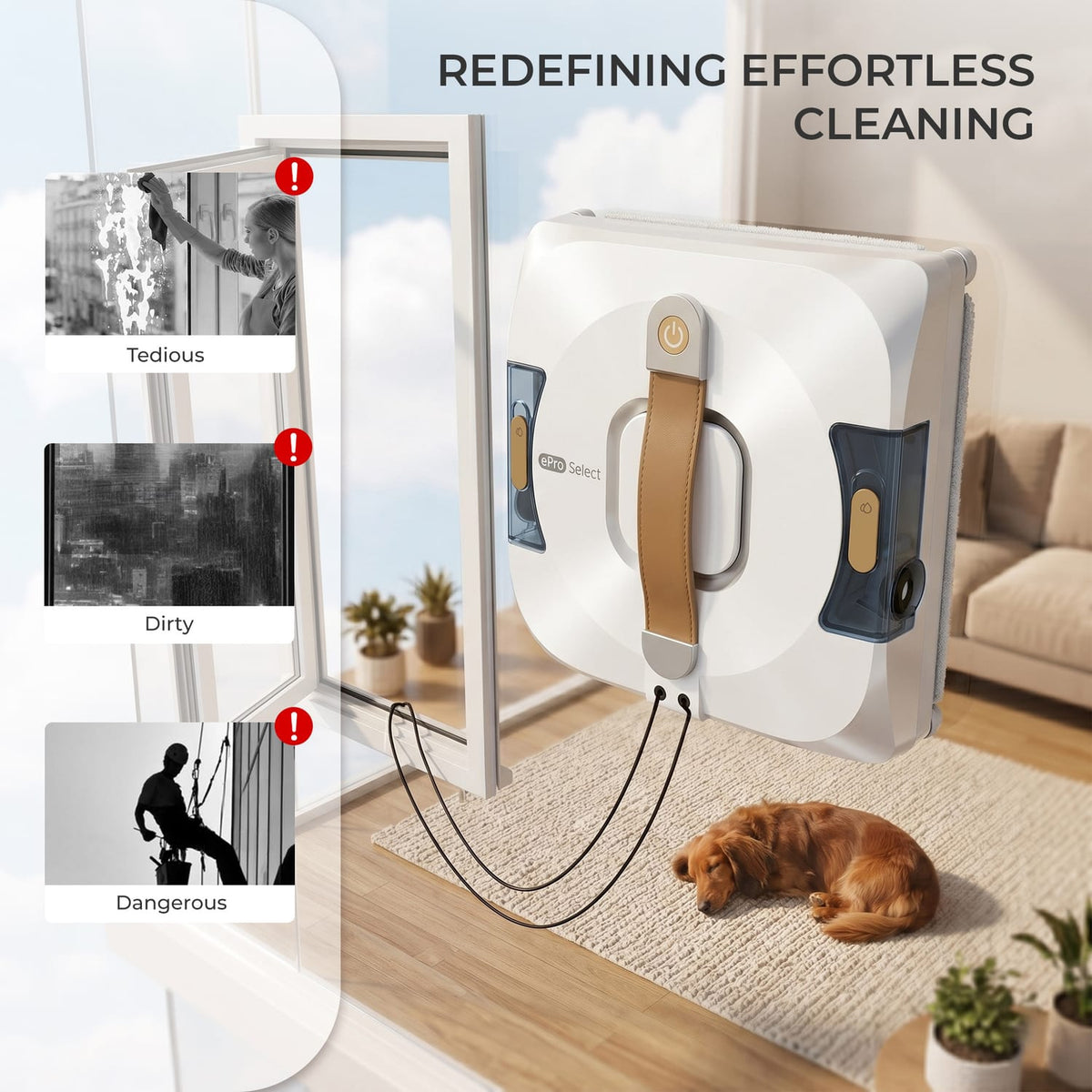 ePro Select EV3015 Corded Window Cleaning Robot, Full Wet Wiping, Z/N Cleaning Patterns, 3.3 kPA Suction, Integrated Water Tank, Safety Rope, Remote