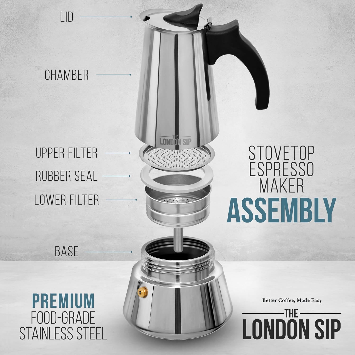 The London Sip 10-Cup Stainless Steel Stovetop Espresso Maker, Matte Black
