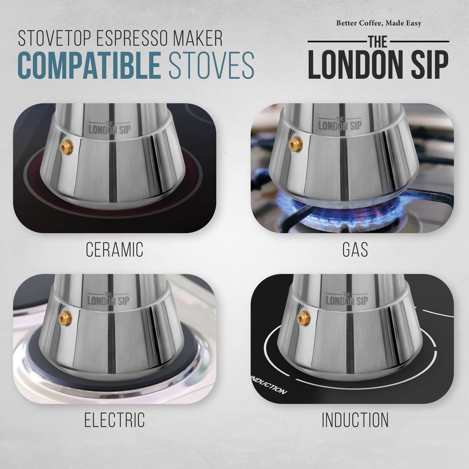 The London Sip 10-Cup Stainless Steel Stovetop Espresso Maker, Matte Black