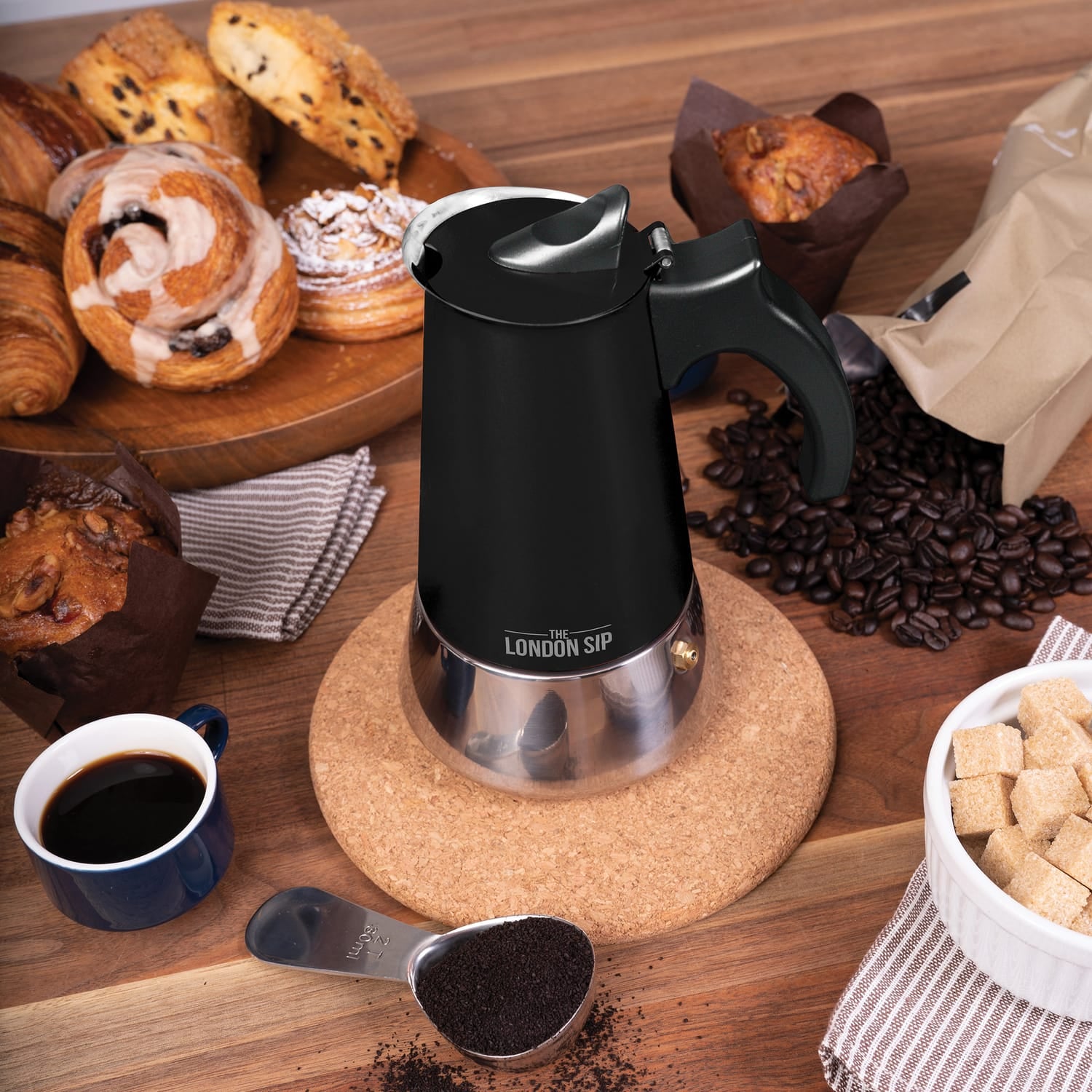 The London Sip 10-Cup Stainless Steel Stovetop Espresso Maker, Matte Black