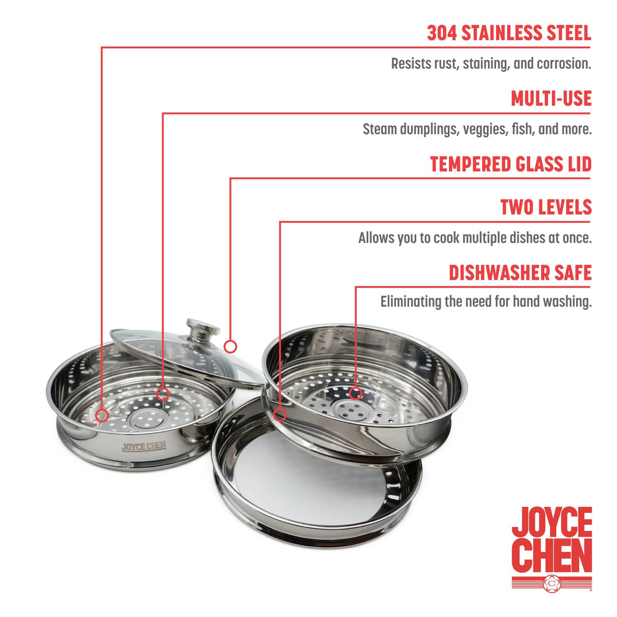 Joyce Chen 10-In. 2-Tier Stainless Steel Steamer with Vented Glass Lid and Wok Adapter Ring
