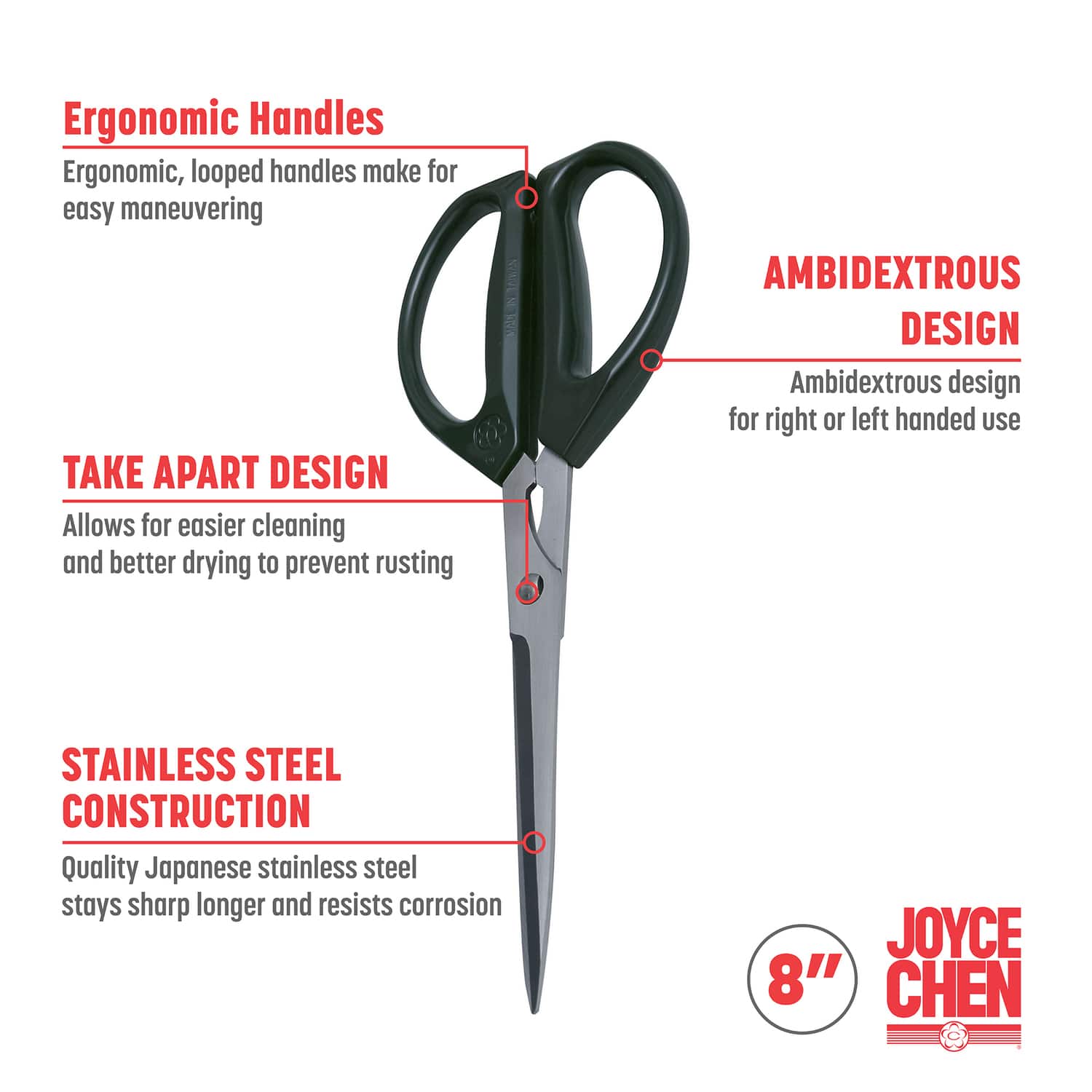 Joyce Chen 8-In. Deluxe Unlimited Kitchen Scissors with Ergonomic Dark Olive Handles, Ambidextrous