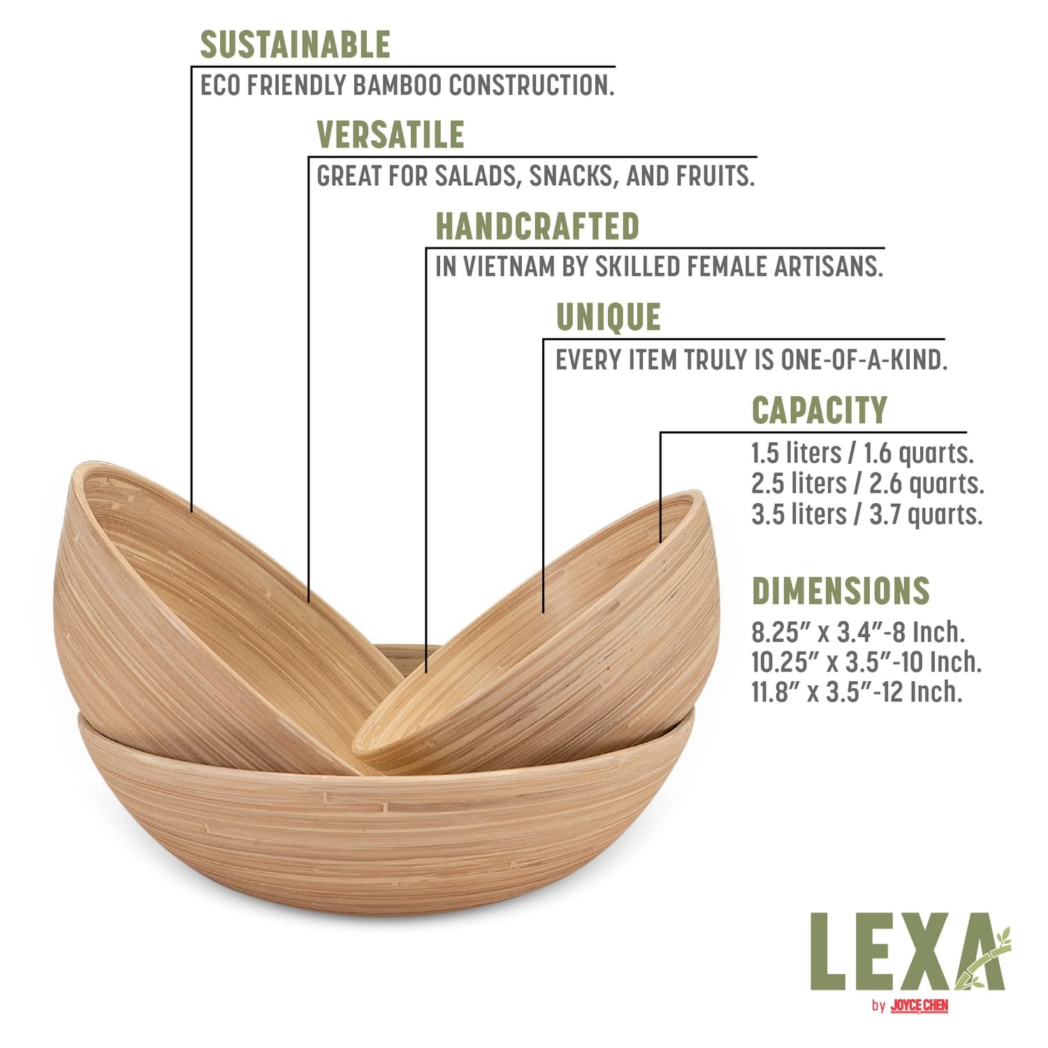 LEXA by Joyce Chen 3-Piece Bamboo Bowl Set with 12-In., 10-In., and 8-In. Bowls, Natural