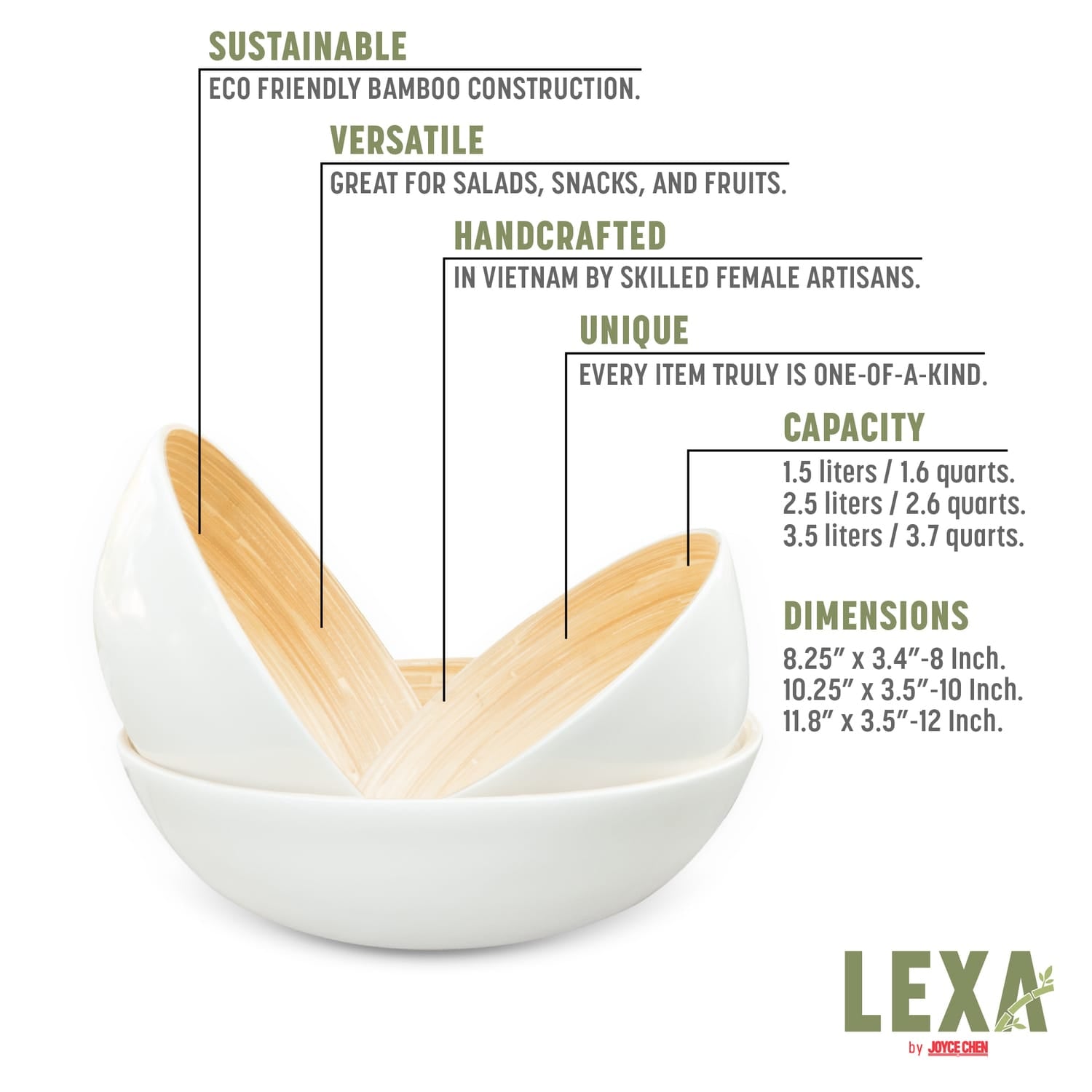LEXA by Joyce Chen 3-Piece Bamboo Bowl Set with 12-In., 10-In., and 8-In. Bowls, White