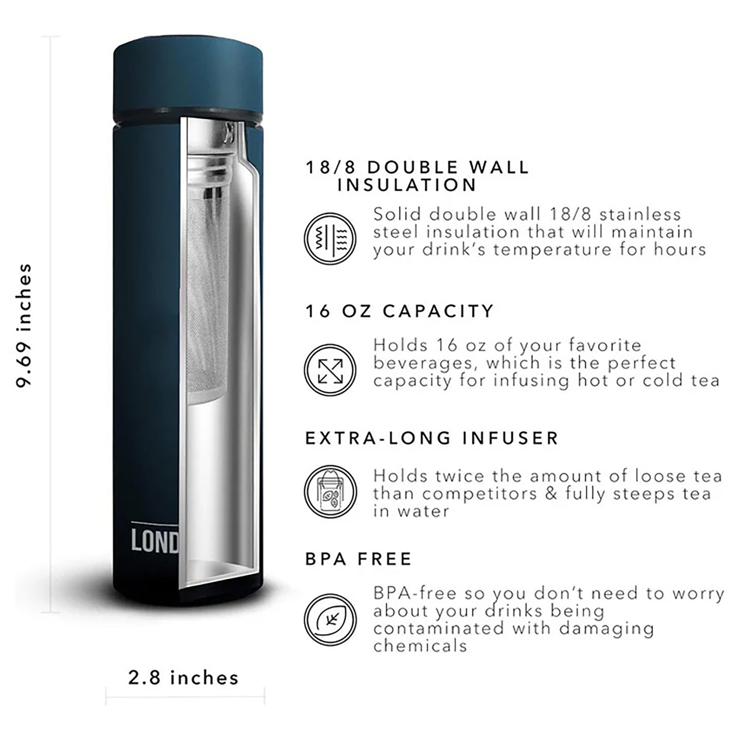 The London Sip Tea Infuser Bottle, 16 Oz., Midnight Teal