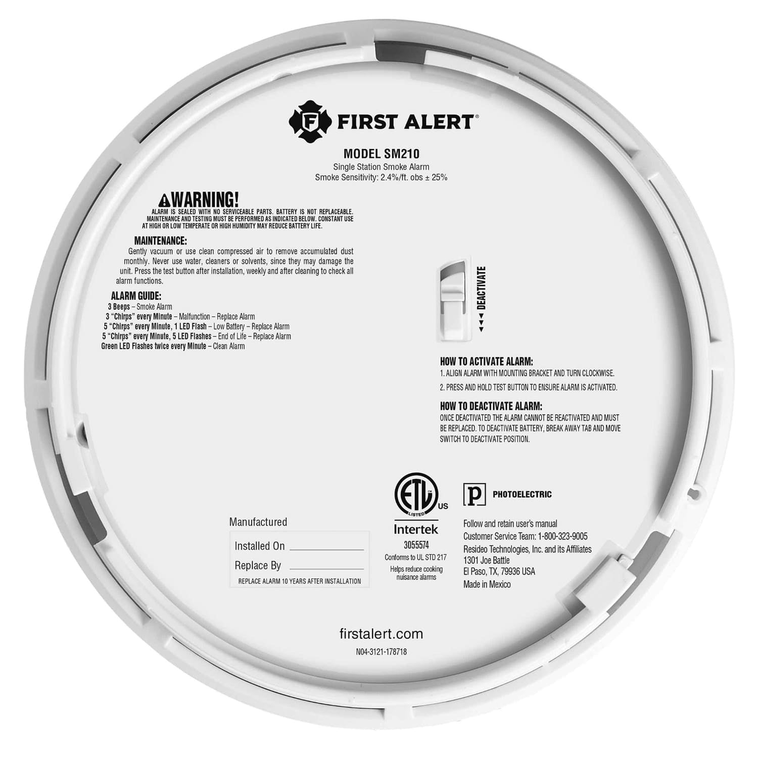 First Alert SM210 Sealed 10-Year-Battery Smoke Alarm with Slim Profile Design
