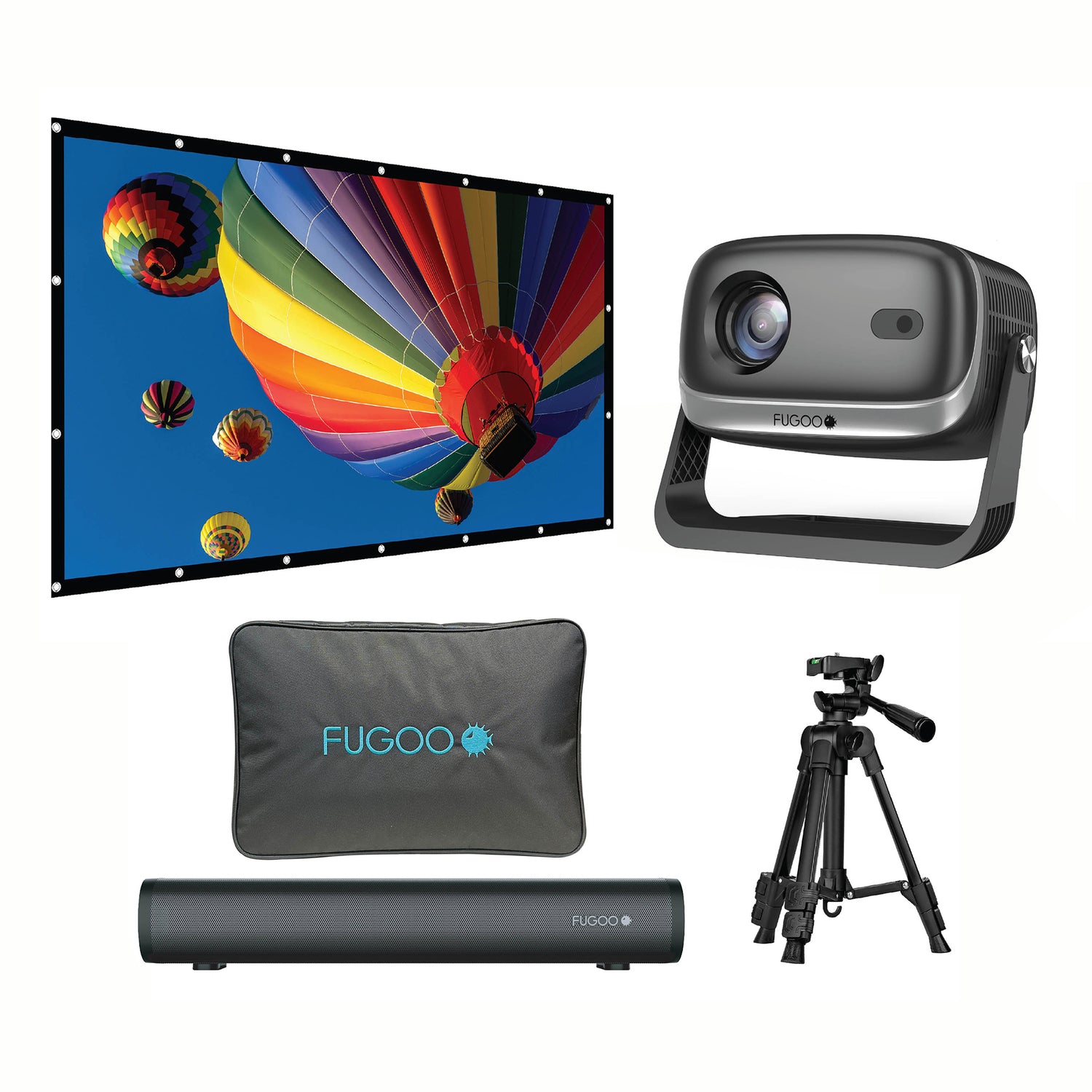 Fugoo Outdoor Projector Bundle with 1080p Projector, 15.7-In. Bluetooth Sound Bar, 120-In. Screen, and Adjustable Tripod