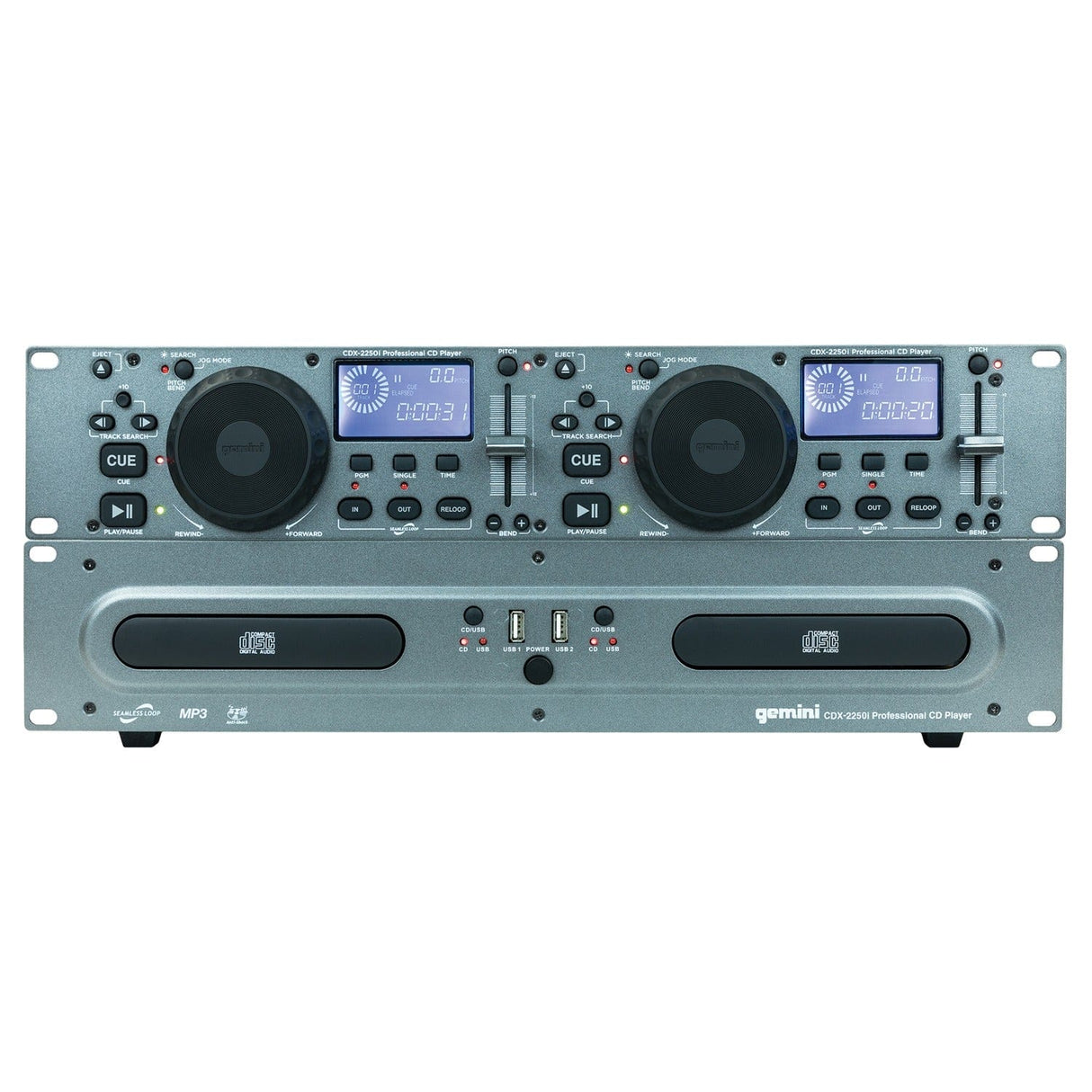 Gemini Professional 2U Dual CD/USB Player, Silver, CDX-2250i