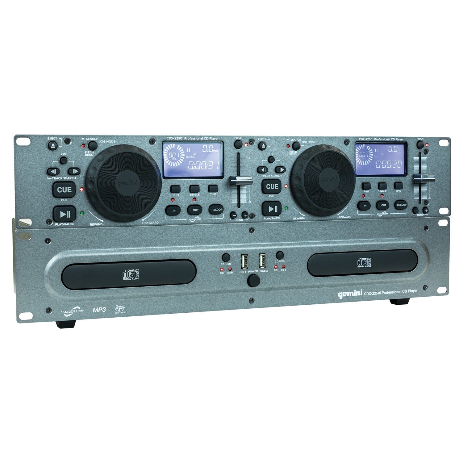 Gemini Professional 2U Dual CD/USB Player, Silver, CDX-2250i
