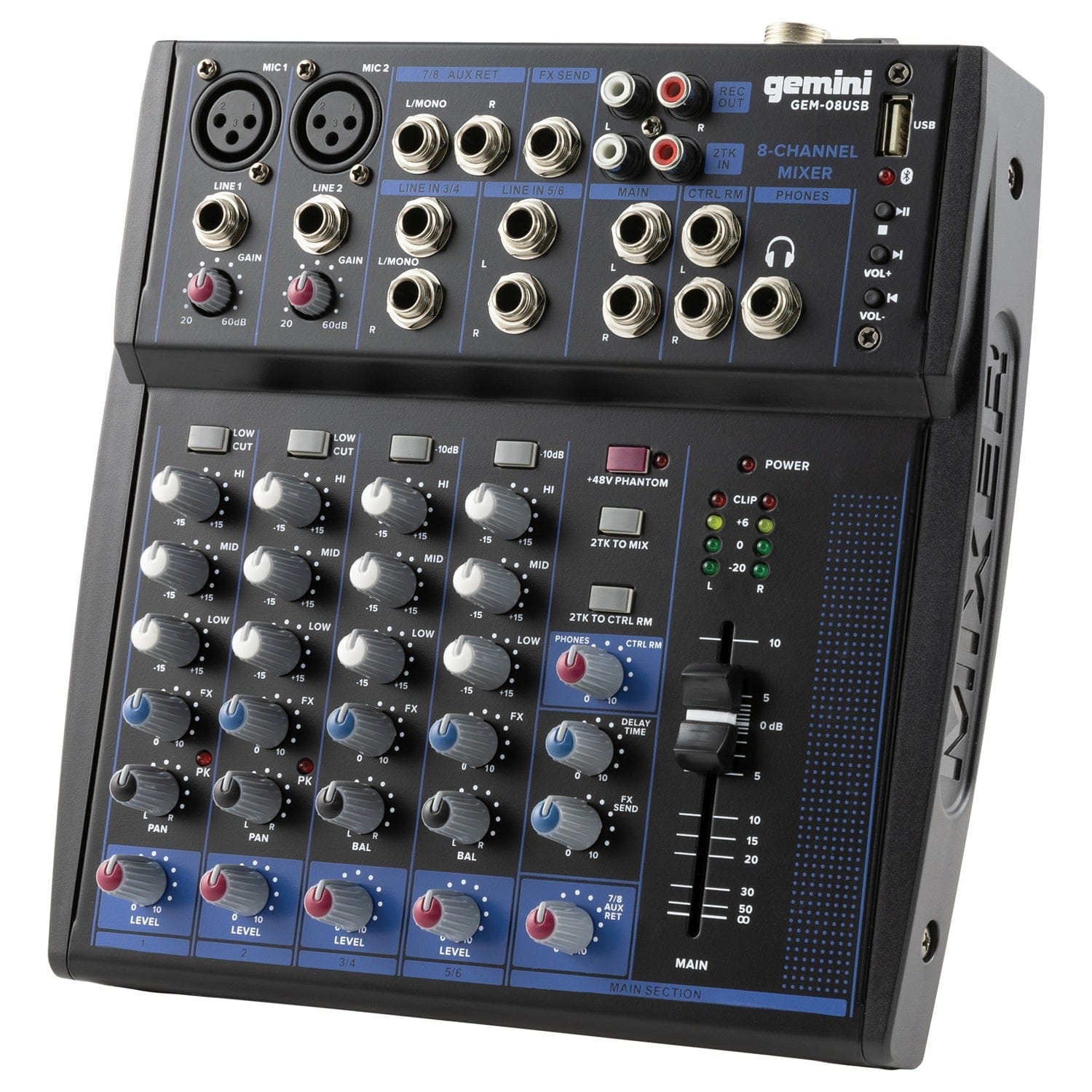 Gemini GEM-08USB Compact Analog Bluetooth Professional Audio Mixer, 8 Channels