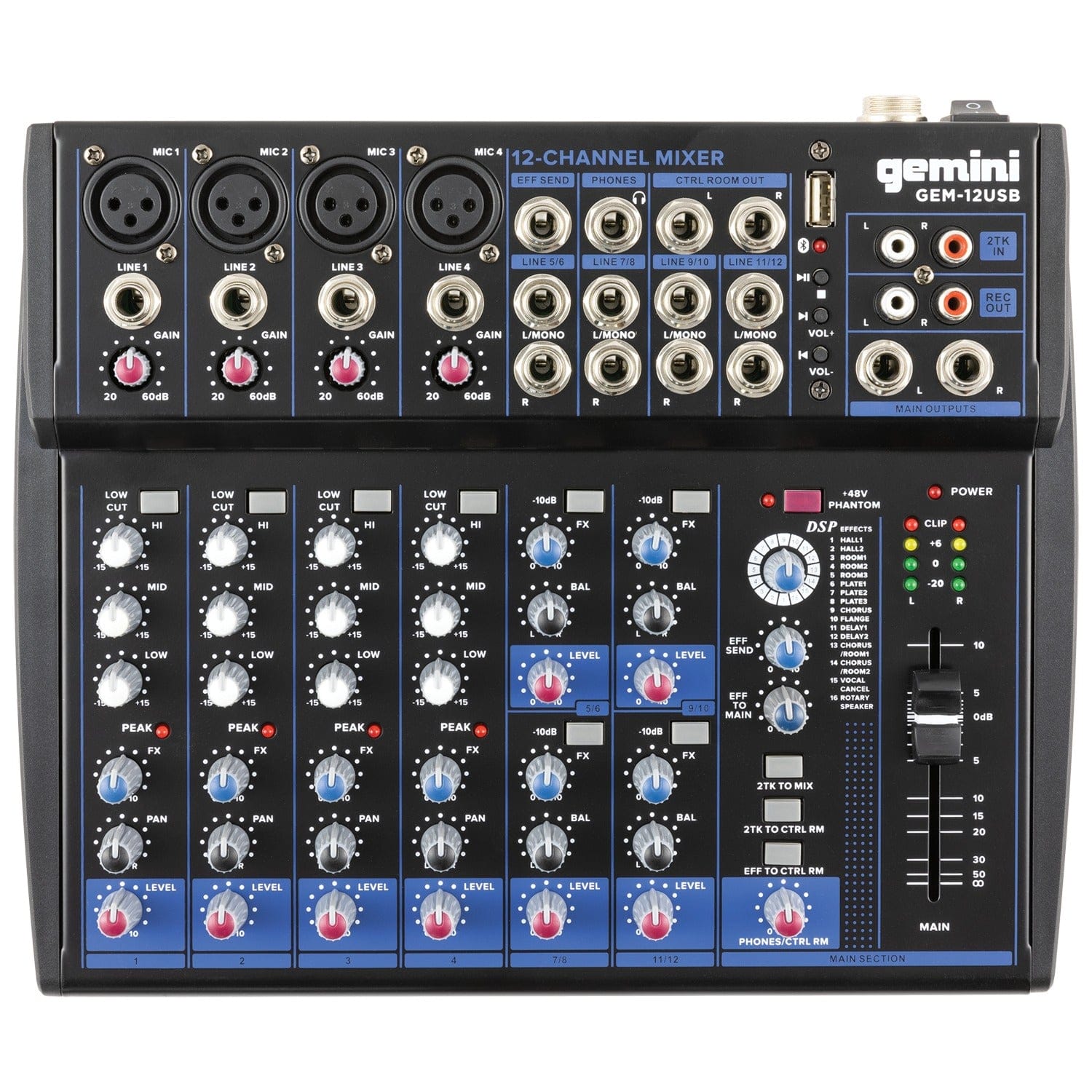 Gemini GEM-12USB Compact Analog Bluetooth Professional Audio Mixer, 12 Channels