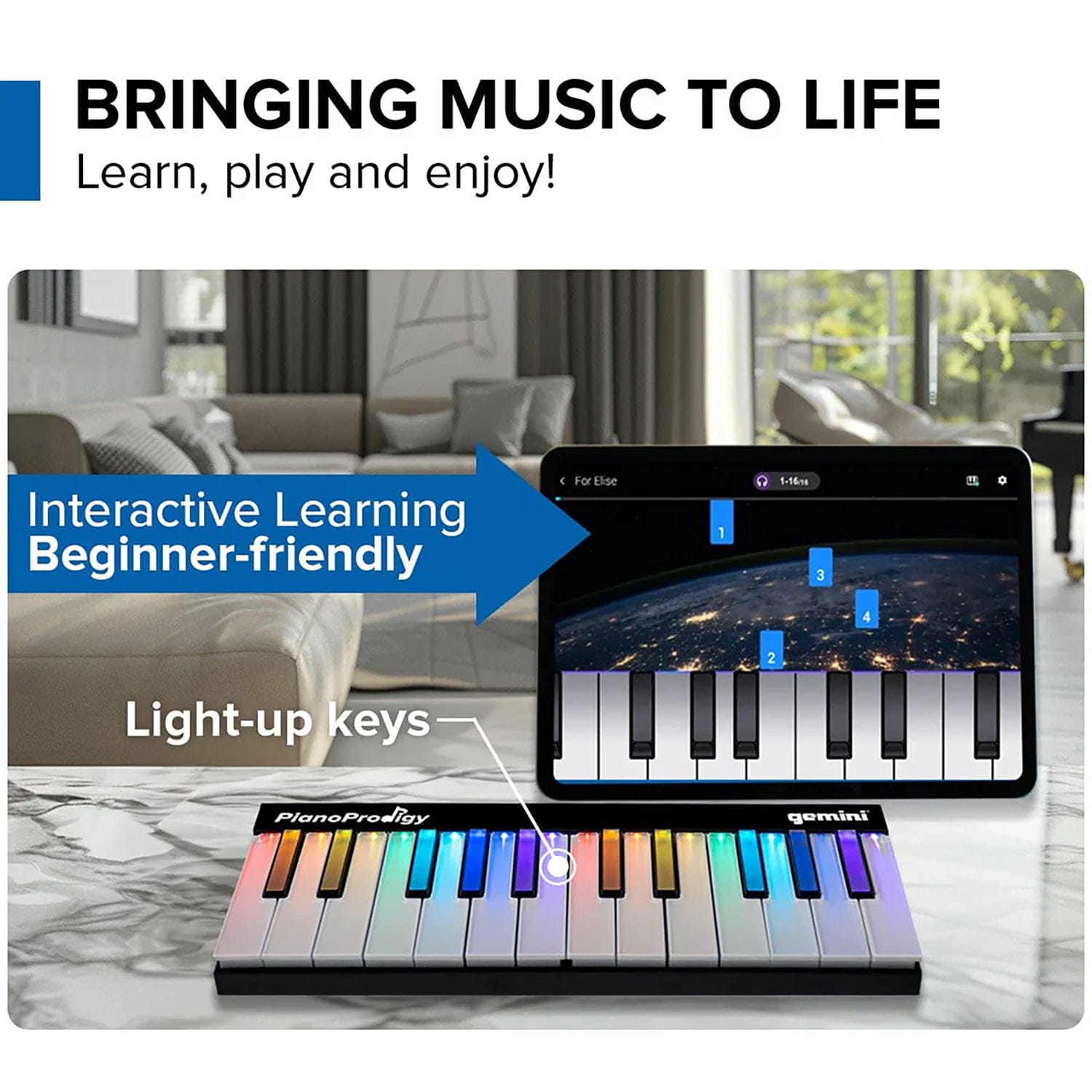 Gemini GPP-101 PianoProdigy Expandable 24-Key Bluetooth MIDI Learning Keyboard with Light-up Keys