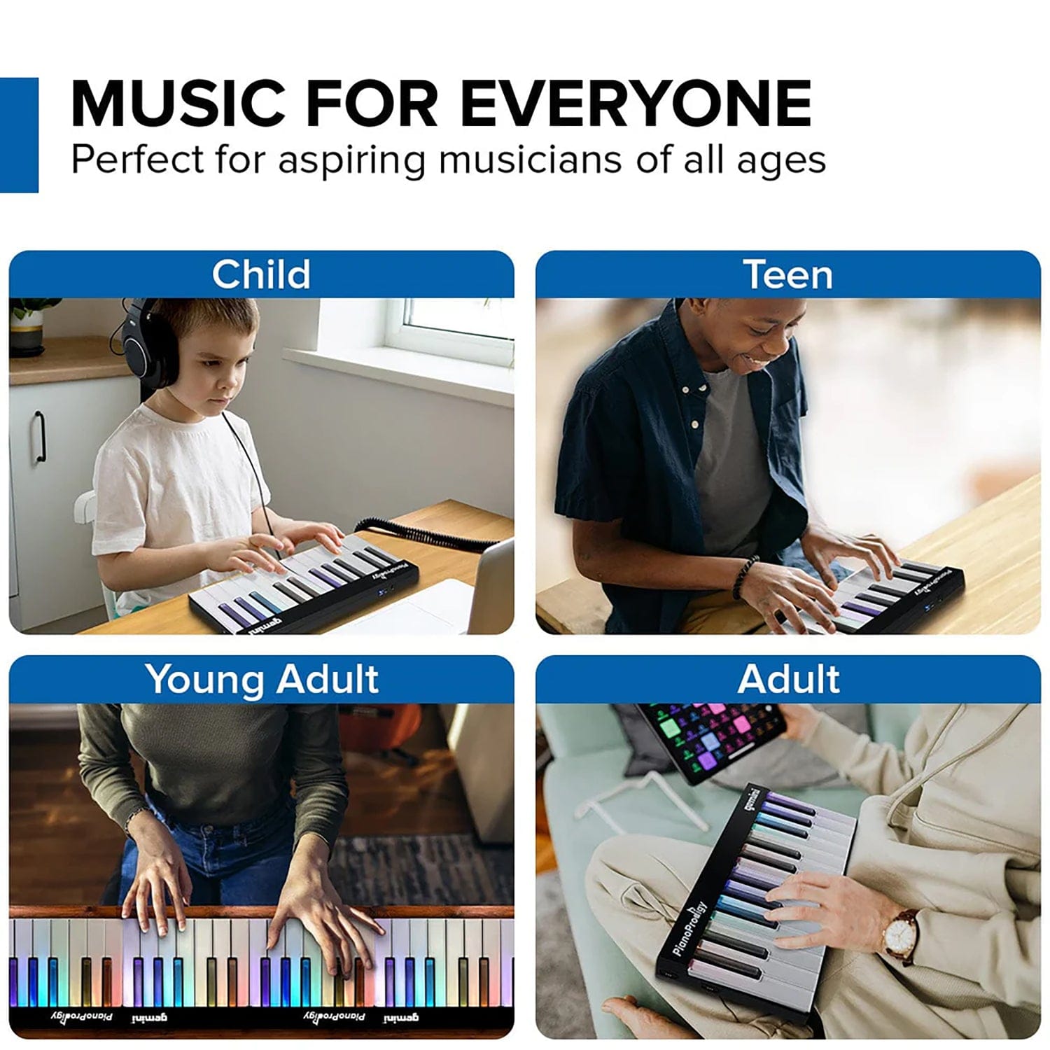 Gemini GPP-101 PianoProdigy Expandable 24-Key Bluetooth MIDI Learning Keyboard with Light-up Keys