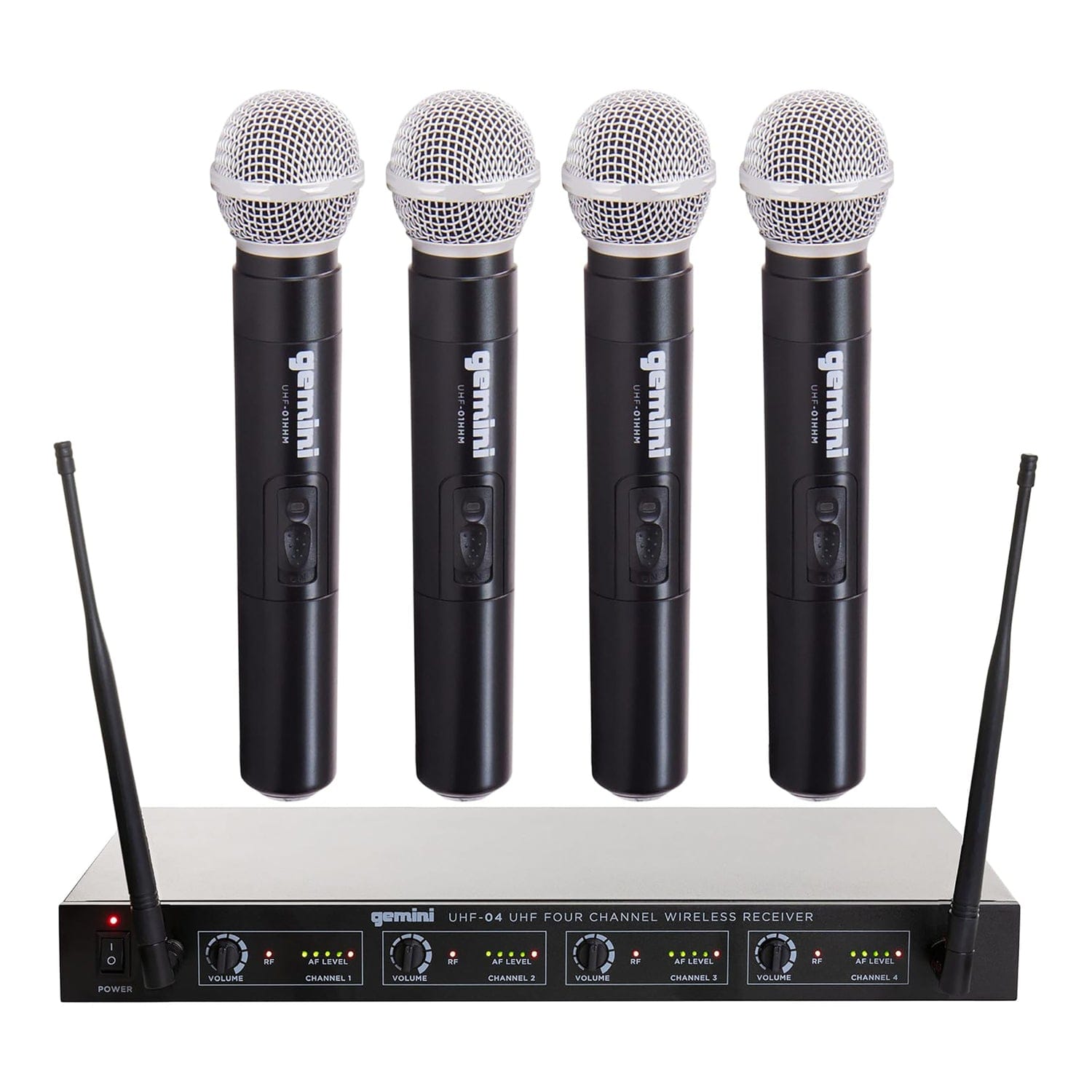 Gemini UHF-04M-S1234 UHF 4-Channel Wireless Microphone System with 4 Handheld Microphones and Receiver