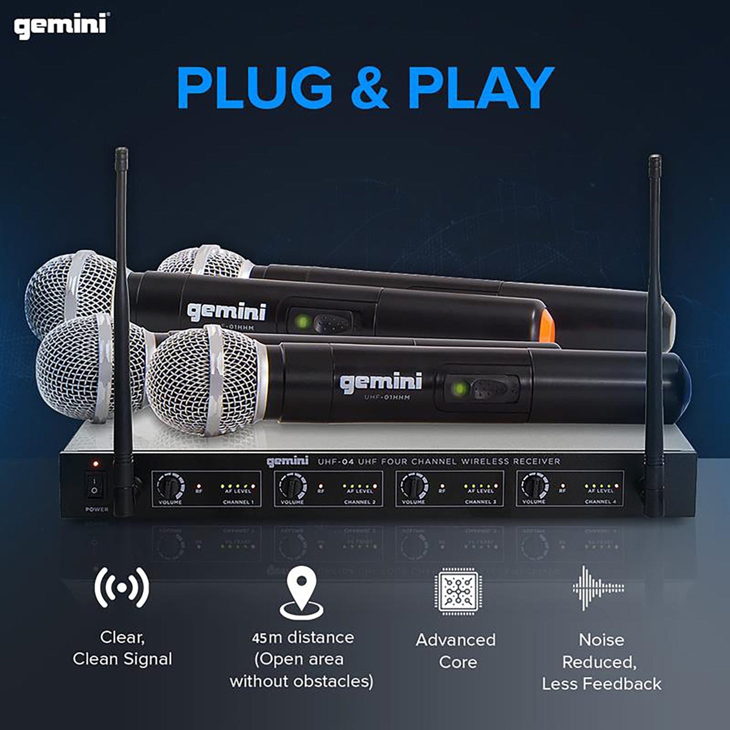 Gemini UHF-04M-S1234 UHF 4-Channel Wireless Microphone System with 4 Handheld Microphones and Receiver