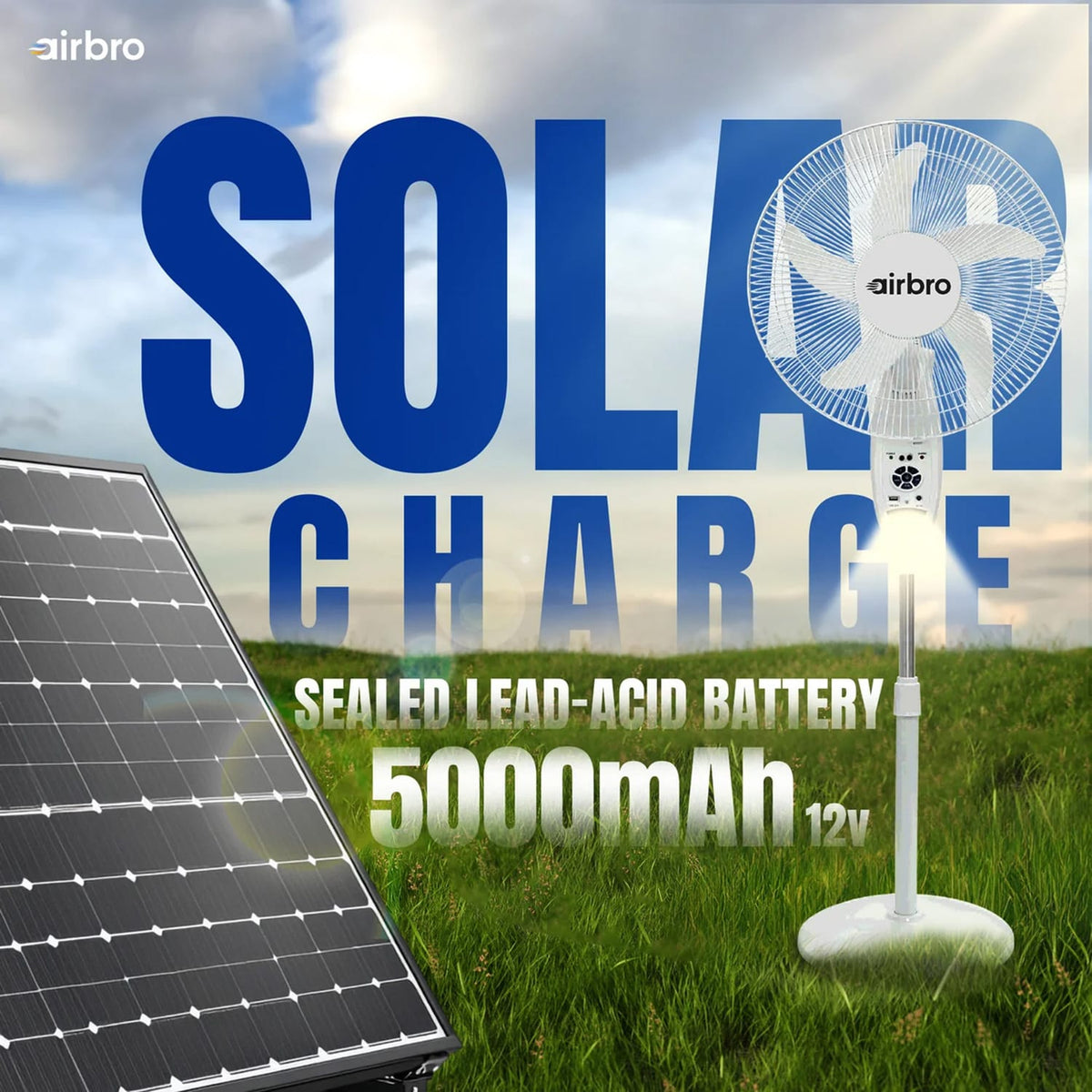 Airbro 4.5-Ah 18-In. ChargeFlow Portable Rechargeable AC/DC Oscillating Stand Fan with Power Bank, 9 Speeds, Max 20 Hours Run Time, Solar, Remote