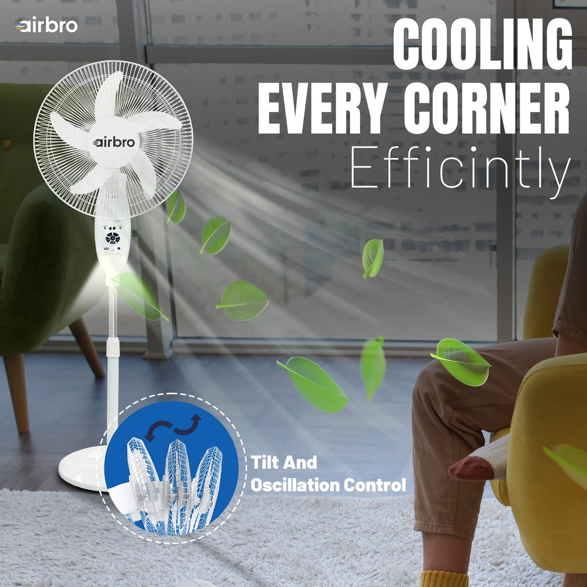 Airbro 4.5-Ah 18-In. ChargeFlow Portable Rechargeable AC/DC Oscillating Stand Fan with Power Bank, 9 Speeds, Max 20 Hours Run Time, Solar, Remote