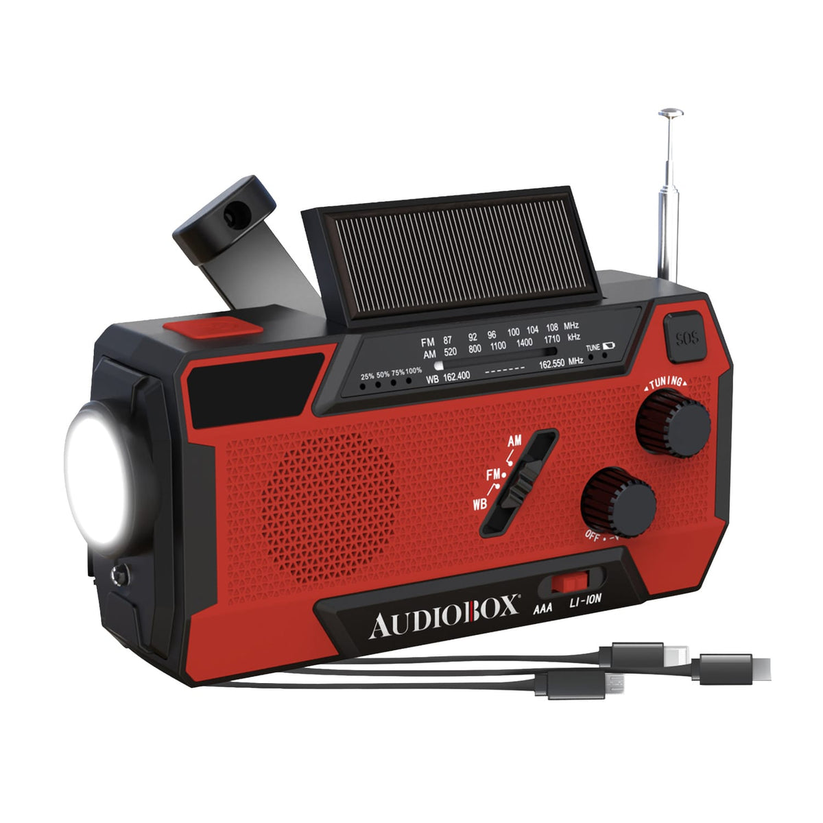 Audiobox Portable NOAA Emergency Weather Radio with AM/FM/Alerts, 4000-mAh Power Bank, Solar/Crank/USB Recharge, SOS Alarm, Flashlight, Lamp, IXP3