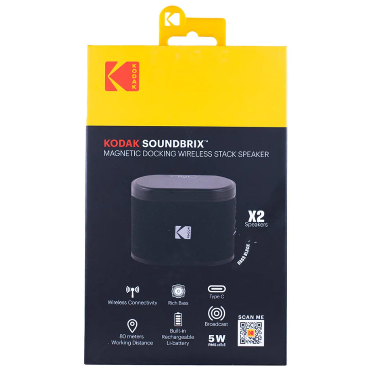 Kodak SoundBrix 2-Piece Portable Rechargeable Bluetooth Speaker System with TWS, Magnetic Docking, up to 5 Hours Play Time, Bass Black