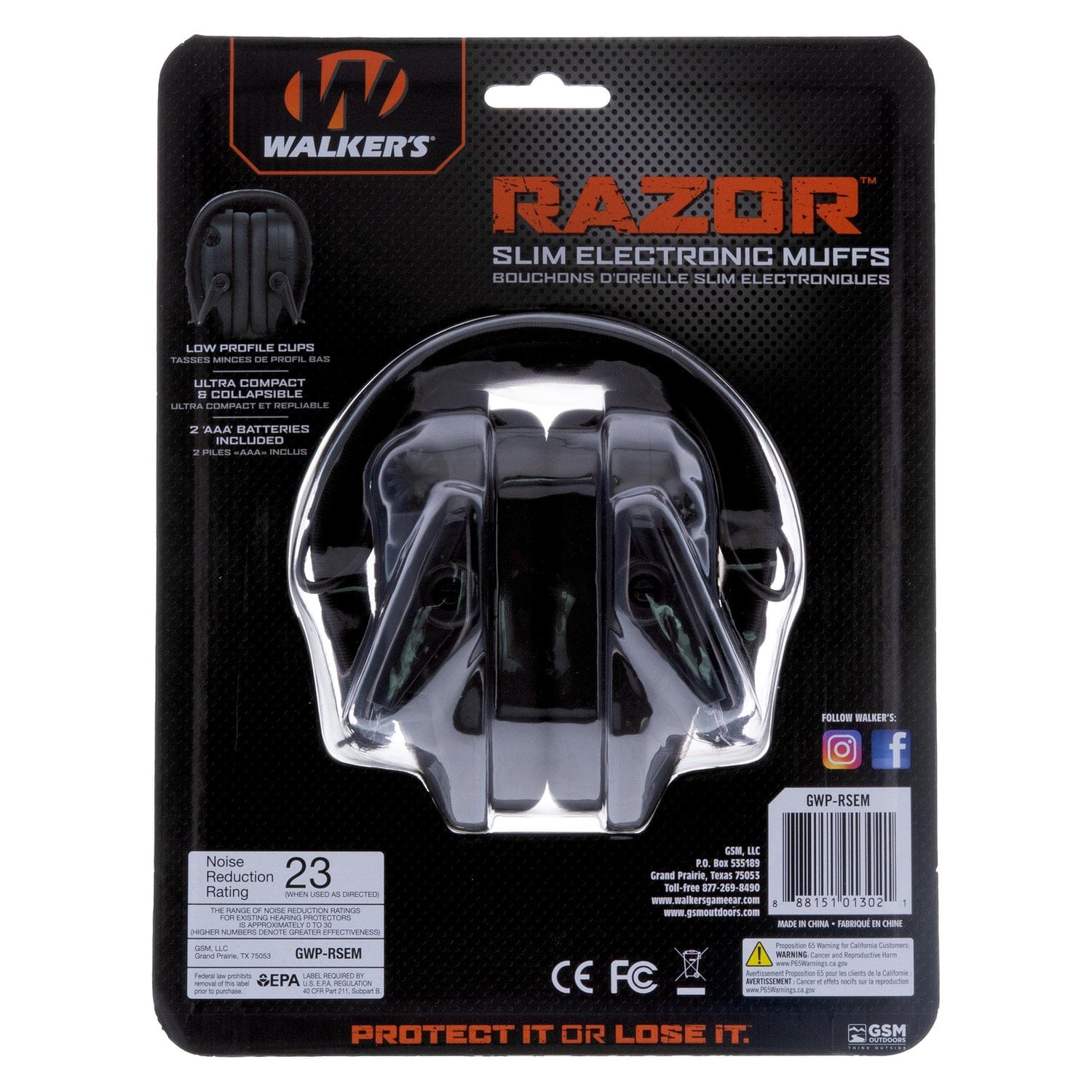 Walker's Game Ear Razor Slim Electronic Muff, Black, Black