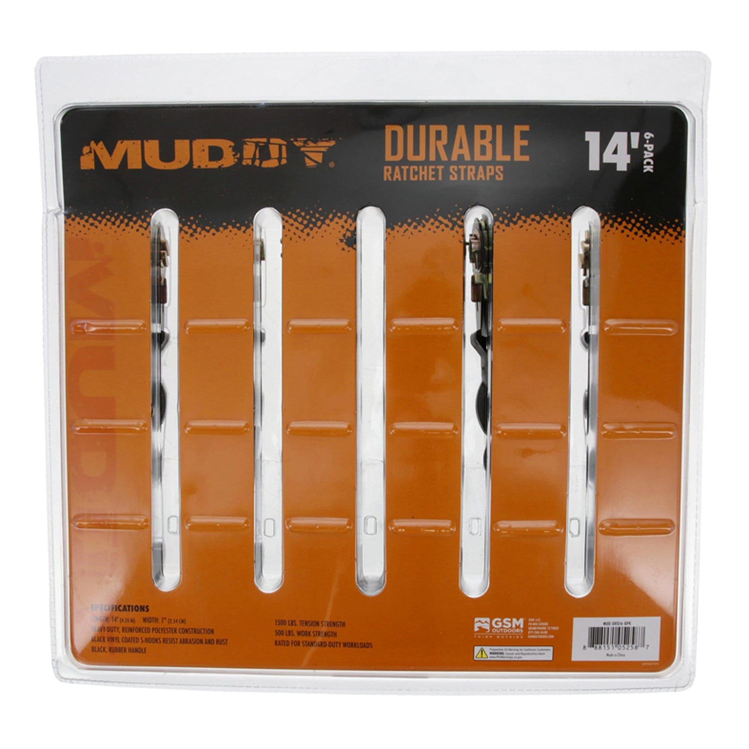 Muddy 1-In. x 14-Ft. Durable Ratchet Straps with Coated S-Hooks, 6 Count