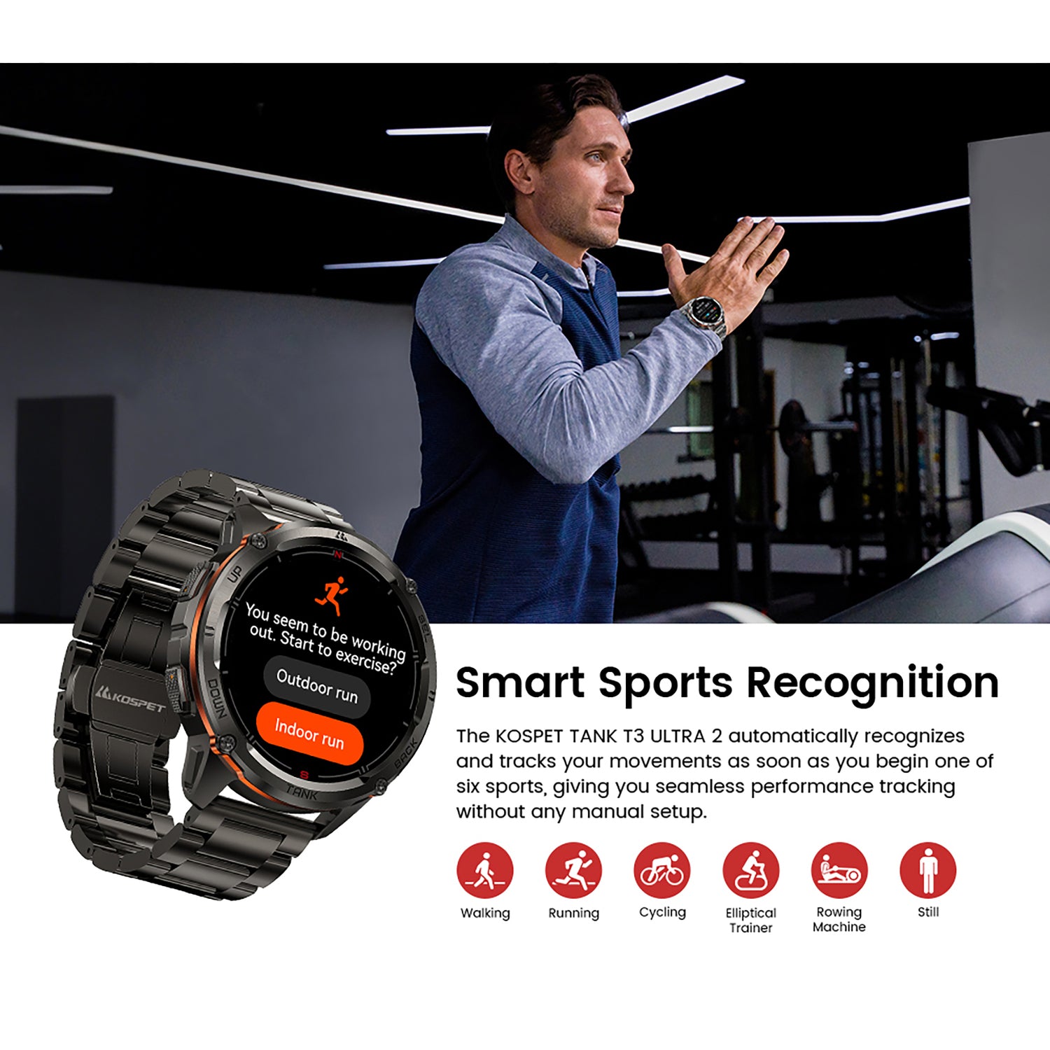 Kospet TANK T3 Ultra 2 GPS Smartwatch with 1.43-In. AMOLED Touch Screen, Bluetooth, 170+ Sports Modes, and 2 Bands, Black