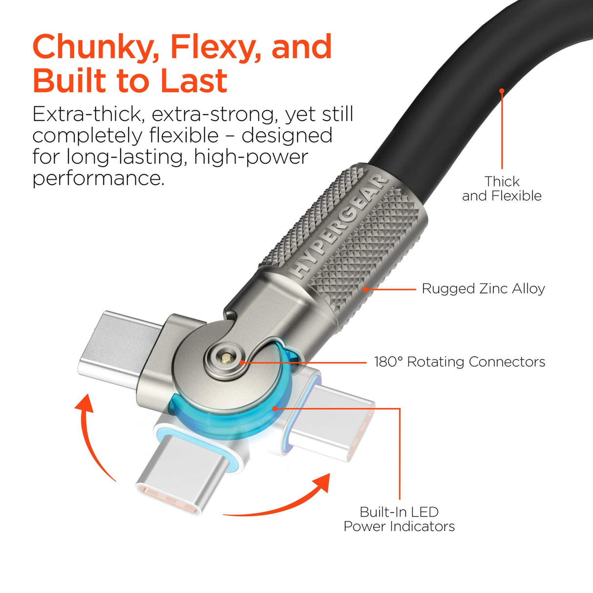 HyperGear USB-C to USB-C Fast Charge and Sync Chunky180° Rugged Cable, 6 Ft., Black