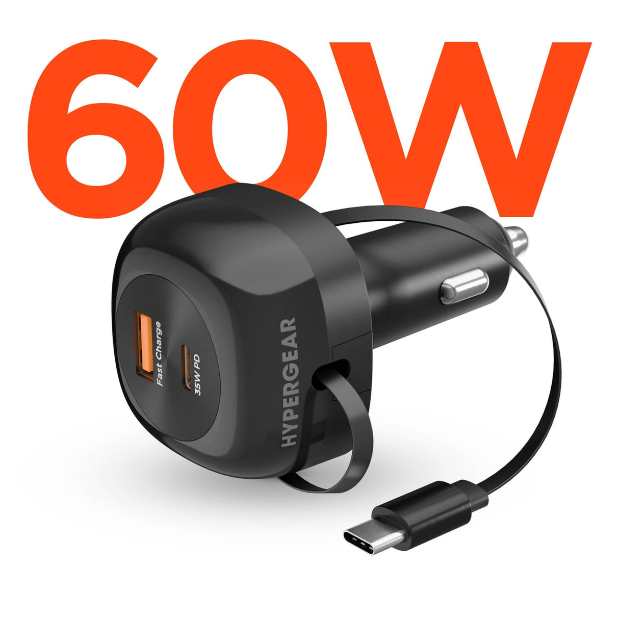 HyperGear 30-Watt 3-Port USB-C and USB-A Power Delivery Car Charger with Retractable USB-C PD Cable