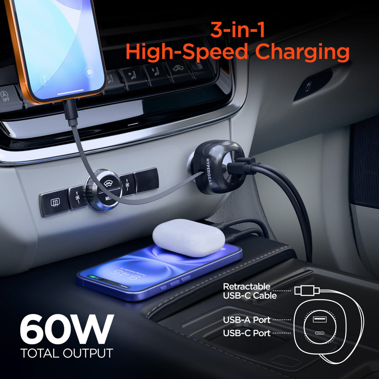 HyperGear 30-Watt 3-Port USB-C and USB-A Power Delivery Car Charger with Retractable USB-C PD Cable