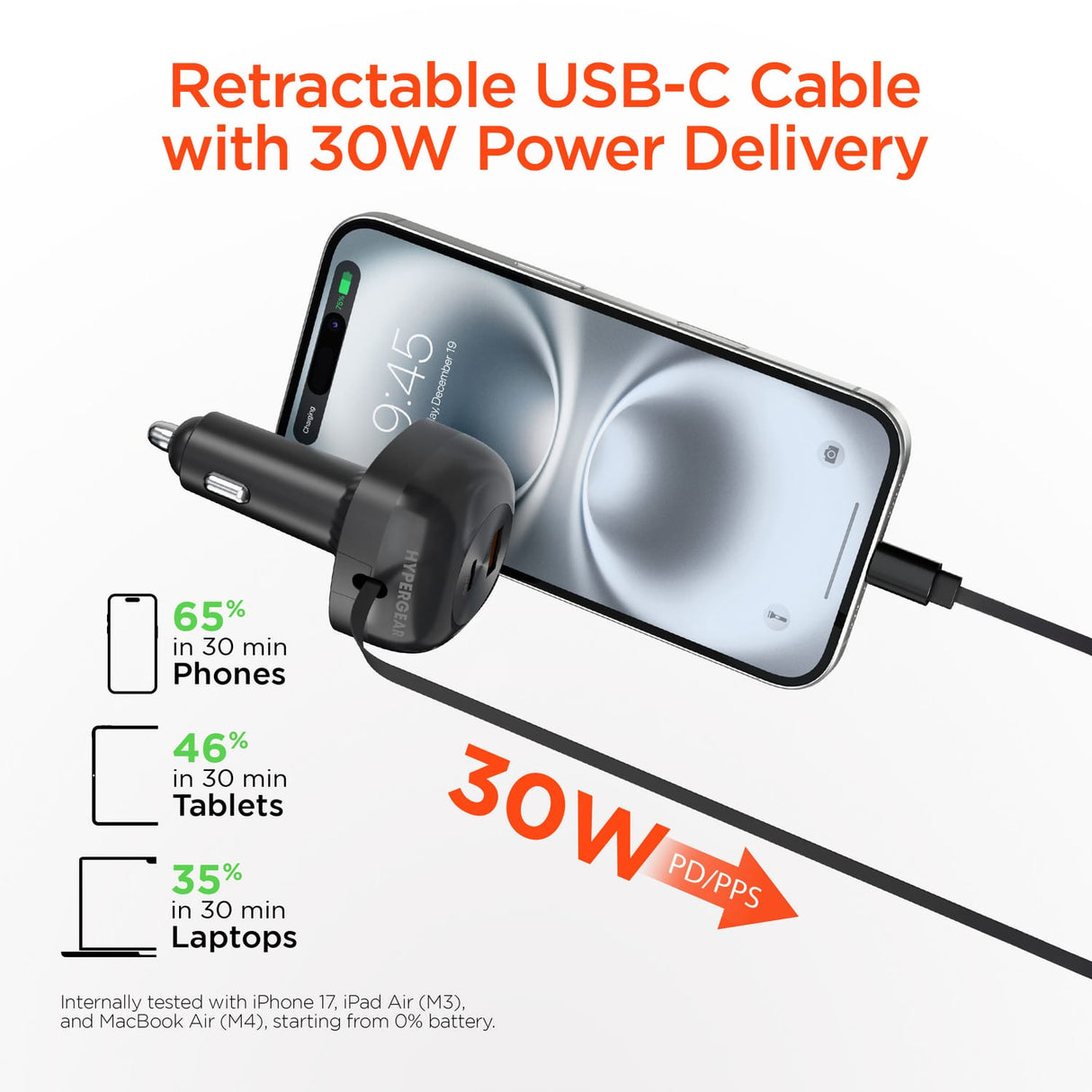 HyperGear 30-Watt 3-Port USB-C and USB-A Power Delivery Car Charger with Retractable USB-C PD Cable