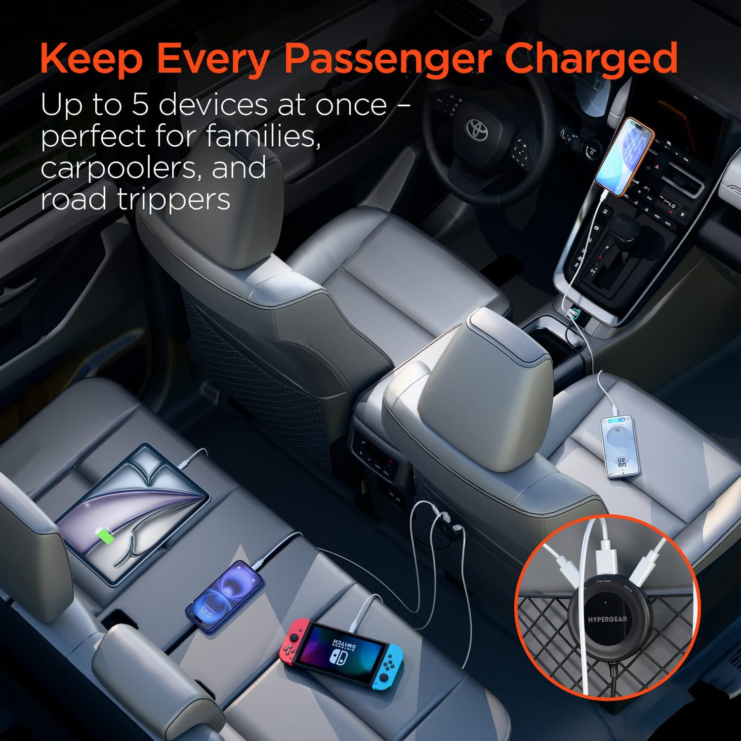 HyperGear Road Runner 98-Watt 5-Port Front and Backseat Car Charger with Dual 30-Watt USB-C PD PPS, 5-Ft. Cable