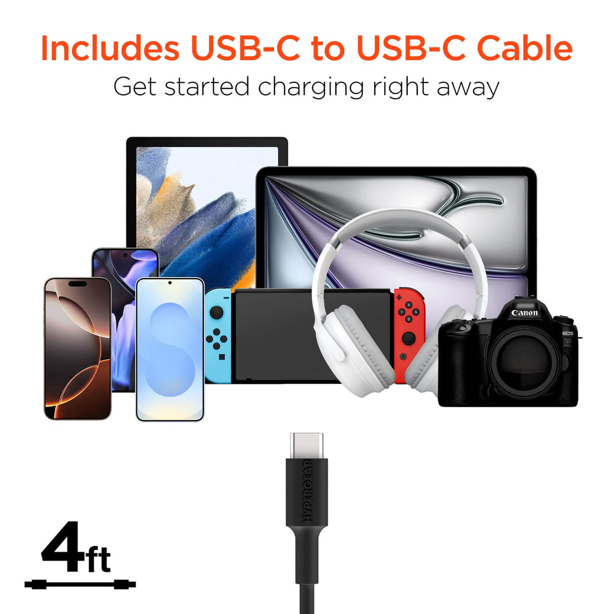 HyperGear 77-Watt SpeedBoost Quad-Port Car Charger with Dual 30-Watt USB-C PD PPS, 4-Ft. USB-C Cable