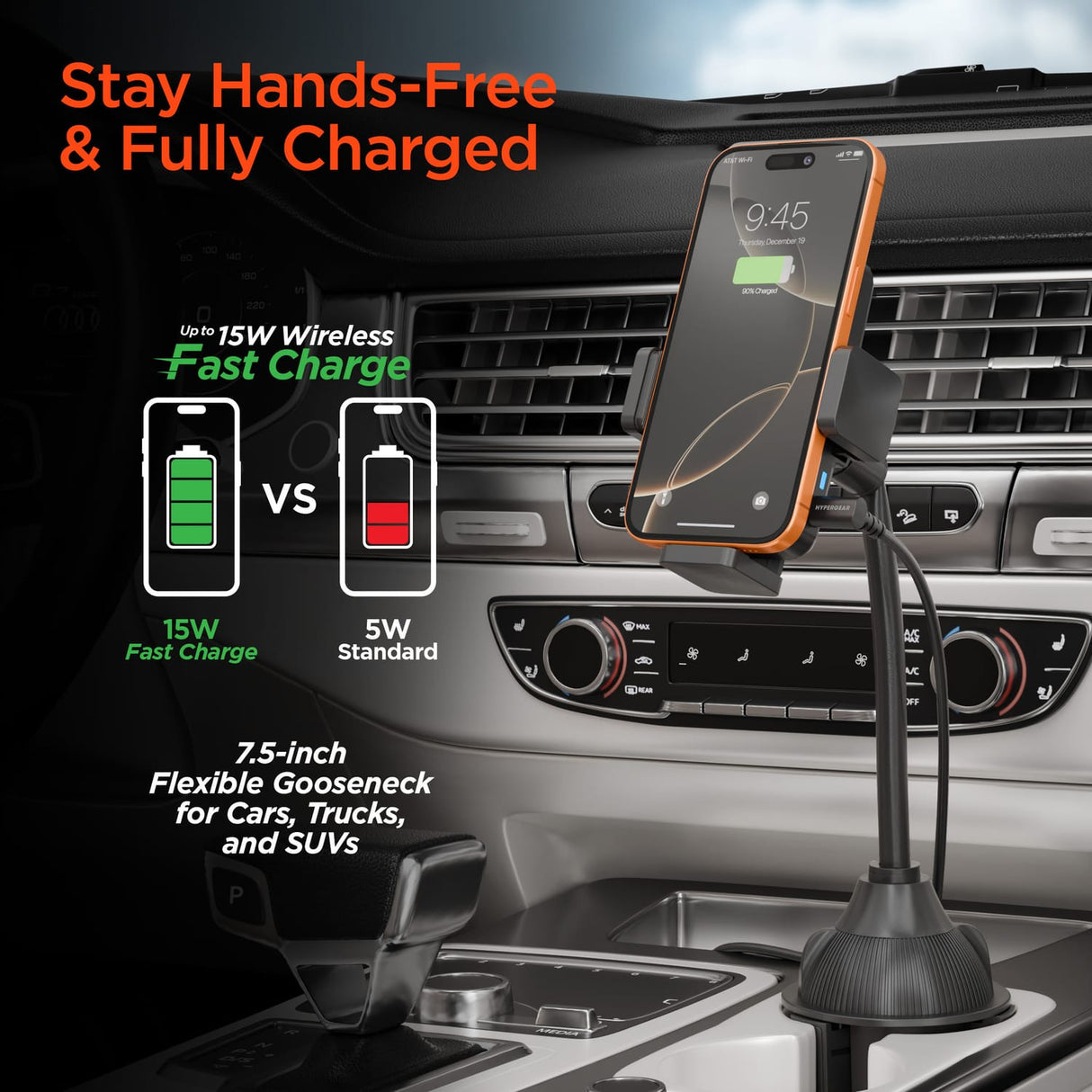 HyperGear 15-Watt EZ Grip Wireless Charging Car Mount with Flexible Cup-Holder Base with 3.3-Ft. USB-C Power Cable