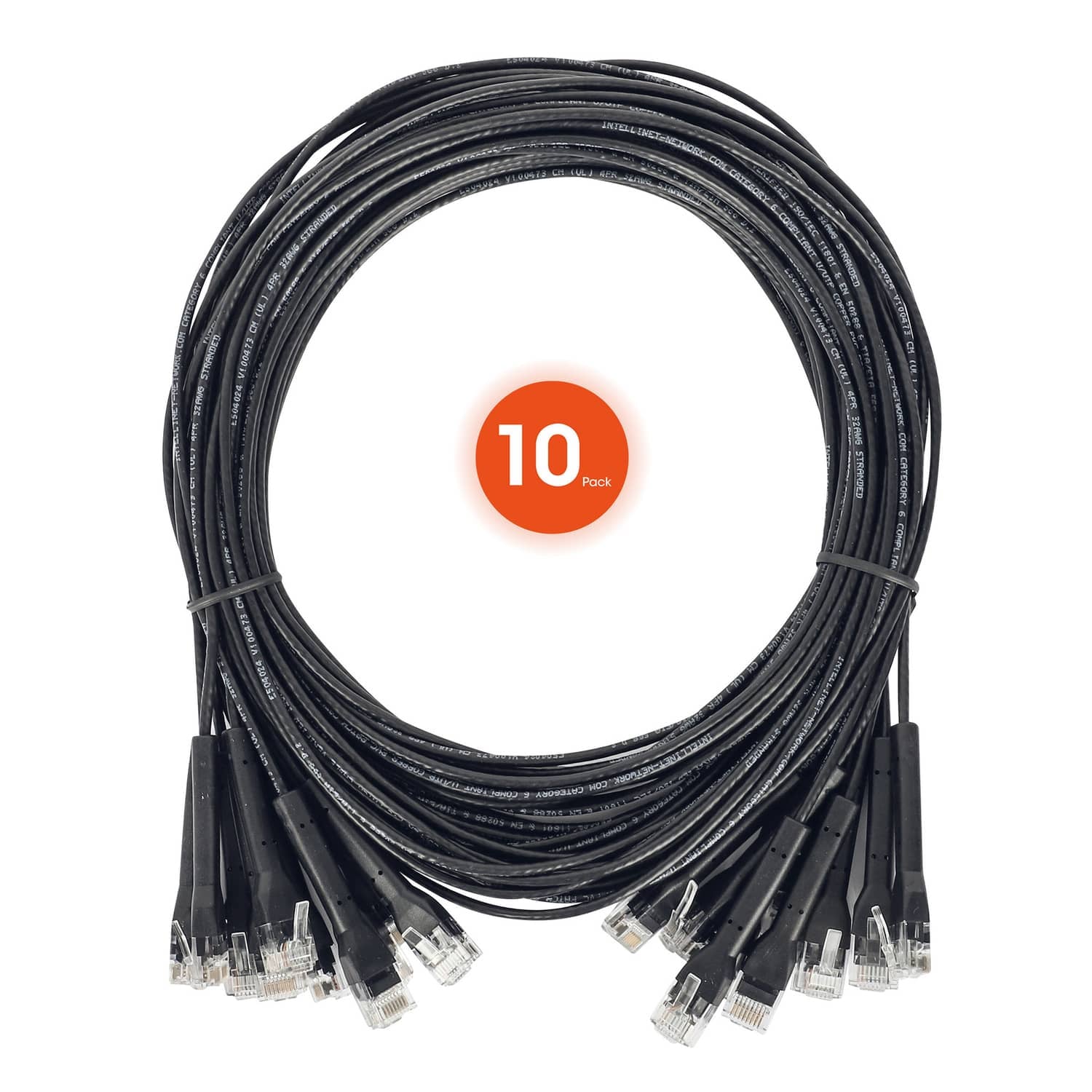 Intellinet Network Solutions CAT-6 U/UTP FlexiBoot Slim Network Patch Cable, 10 Pack, 3 Ft., Black