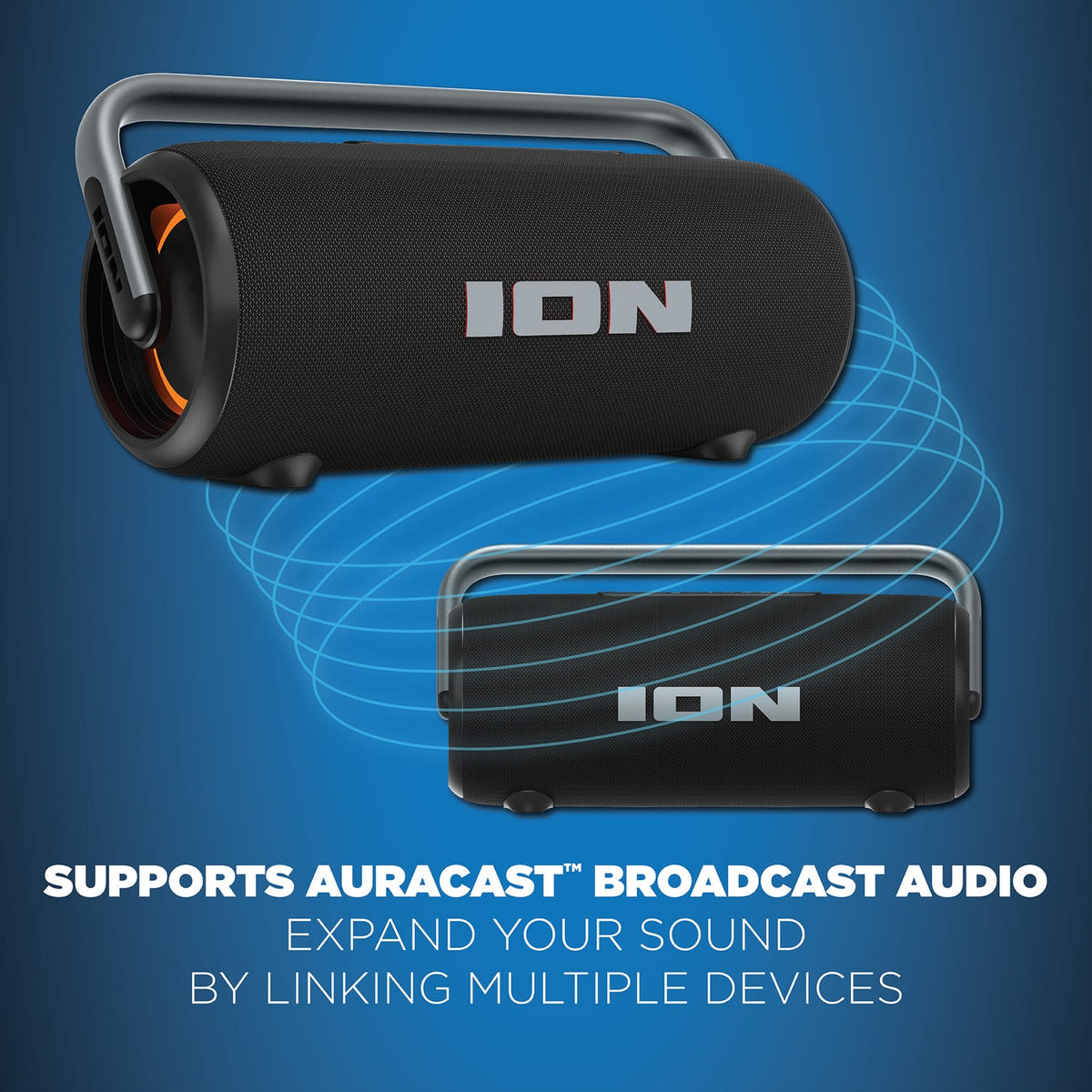 ION 110-Watt-RMS Hype XL Portable Bluetooth Rechargeable Speaker with Lights, Auracast, Mic, USB/Aux, Water-Resistant, up to 12 Hours of Play Time
