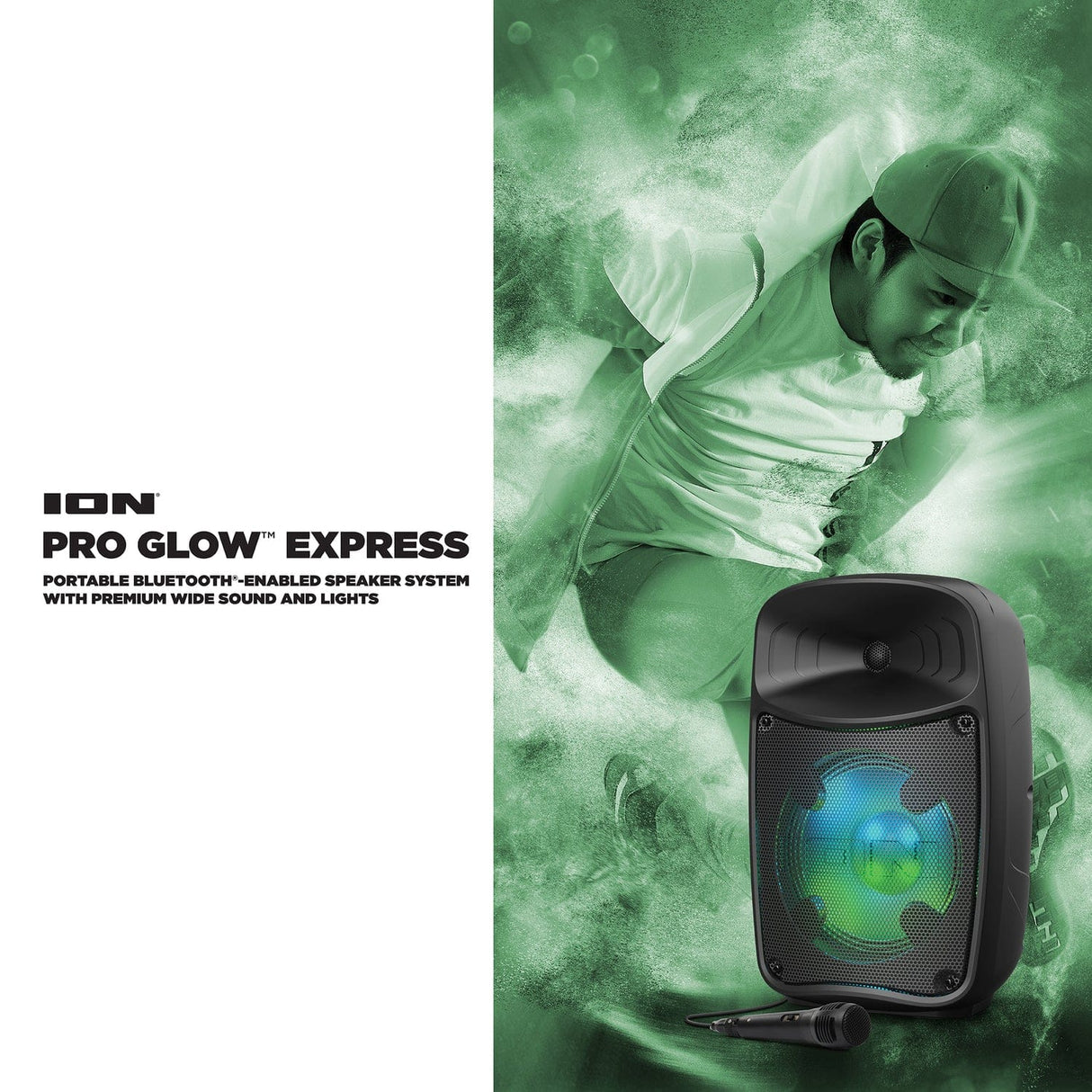 ION Pro Glow Express Portable Bluetooth PA Speaker with Lights, Sonic Wide Audio, and Microphone, Black