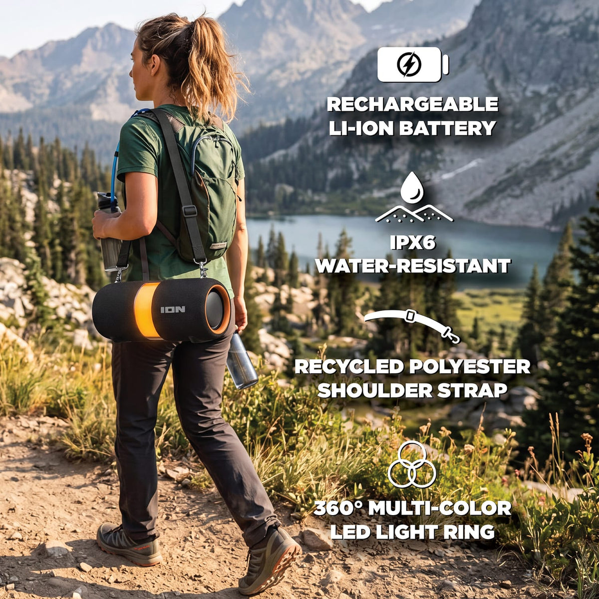 ION 40-Watt Sport Orbix Outdoor-Ready Portable Bluetooth Rechargeable Speaker with 360° LED Light Ring, TWS, USB, Strap, up to 8 Hours of Play Time