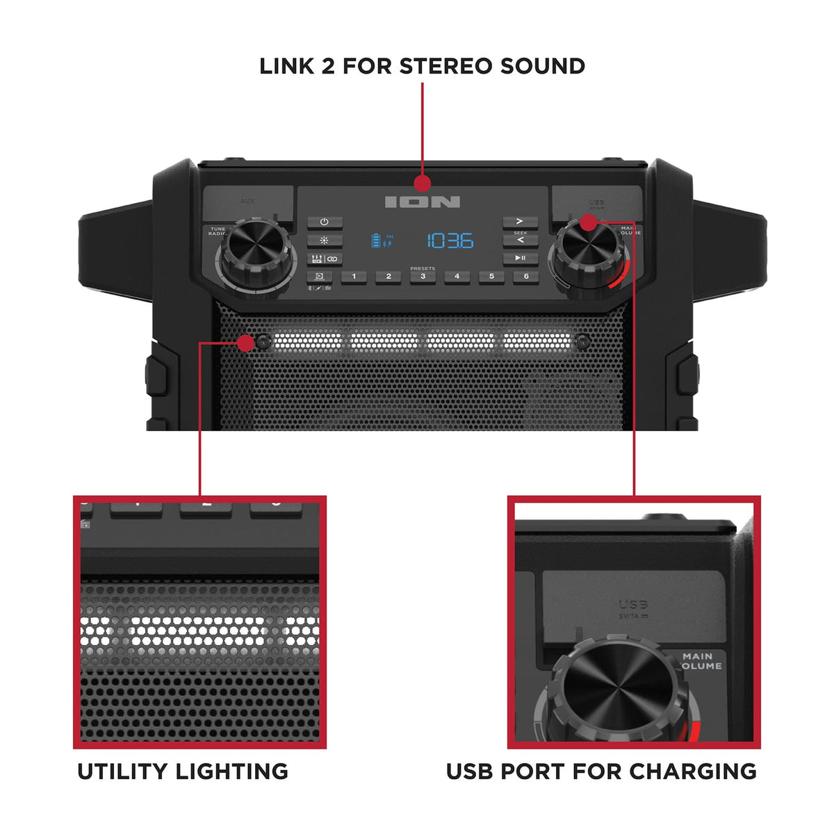 ION 22-Watt-RMS Tailgater Classic Portable Bluetooth Rechargeable Speaker with Link 2, FM, Light, IPX5, up to 15 Hours Play Time, Black