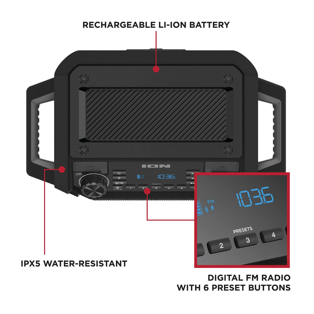 ION 22-Watt-RMS Tailgater Classic Portable Bluetooth Rechargeable Speaker with Link 2, FM, Light, IPX5, up to 15 Hours Play Time, Black